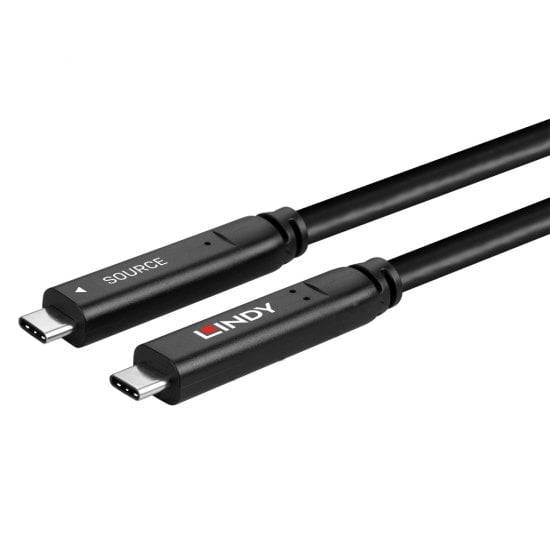 Deux câbles USB-C noirs portant les inscriptions 'LINDY' et 'SOURCE' sur leurs connecteurs. Adaptés pour le transfert de données et la charge.