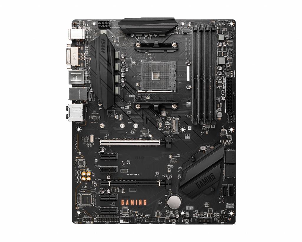 Une carte mère noire avec plusieurs emplacements d'extension, des emplacements pour RAM et un socket de processeur, adaptée aux ordinateurs de jeu.