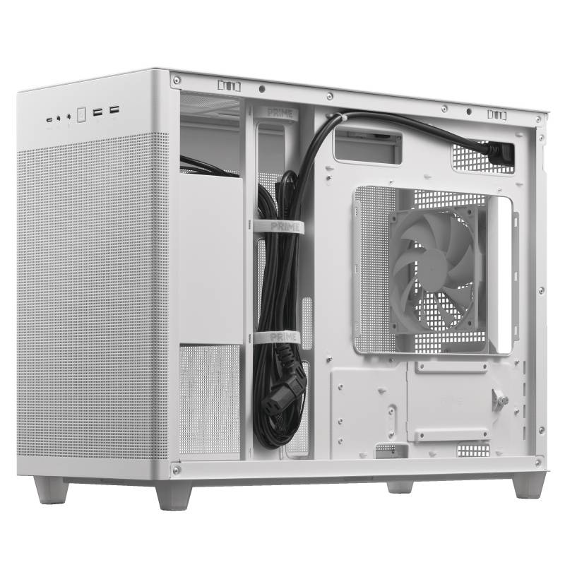 Un boîtier PC blanc avec son intérieur ouvert, montrant des câbles apparents, des ventilateurs et des emplacements pour composants informatiques. Design minimaliste.