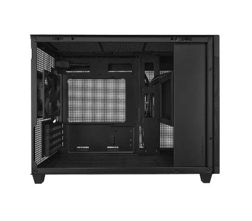 Boîtier d'ordinateur noir avec panneau latéral ouvert, ventilateur visible et intérieur prêt au montage pour composants PC.