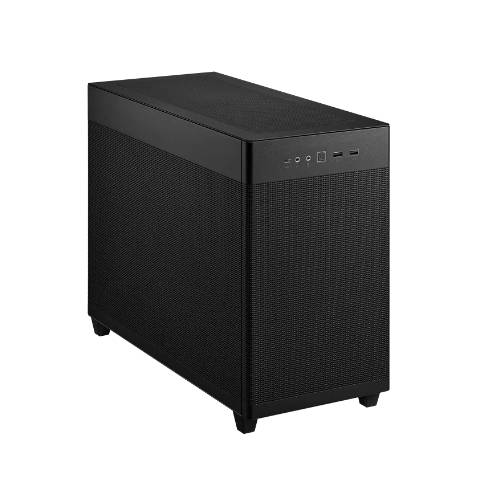 Boîtier d'ordinateur noir au design minimaliste, avec des ports USB et audio sur la façade, conçu pour la construction d'un PC de bureau.