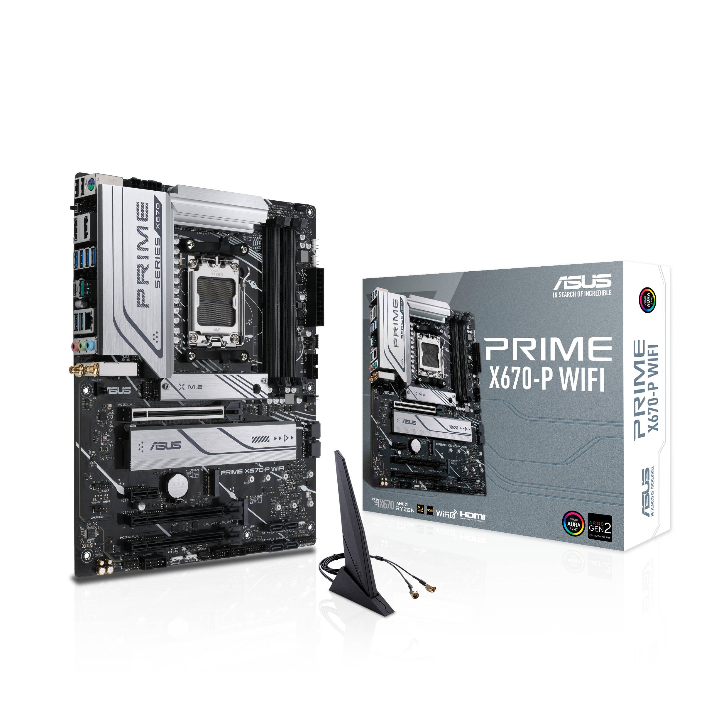 Carte mère ASUS PRIME X670-P WIFI avec emballage et antenne WiFi. Compatible avec le socket AMD AM5, DDR5 et PCIe 5.0.