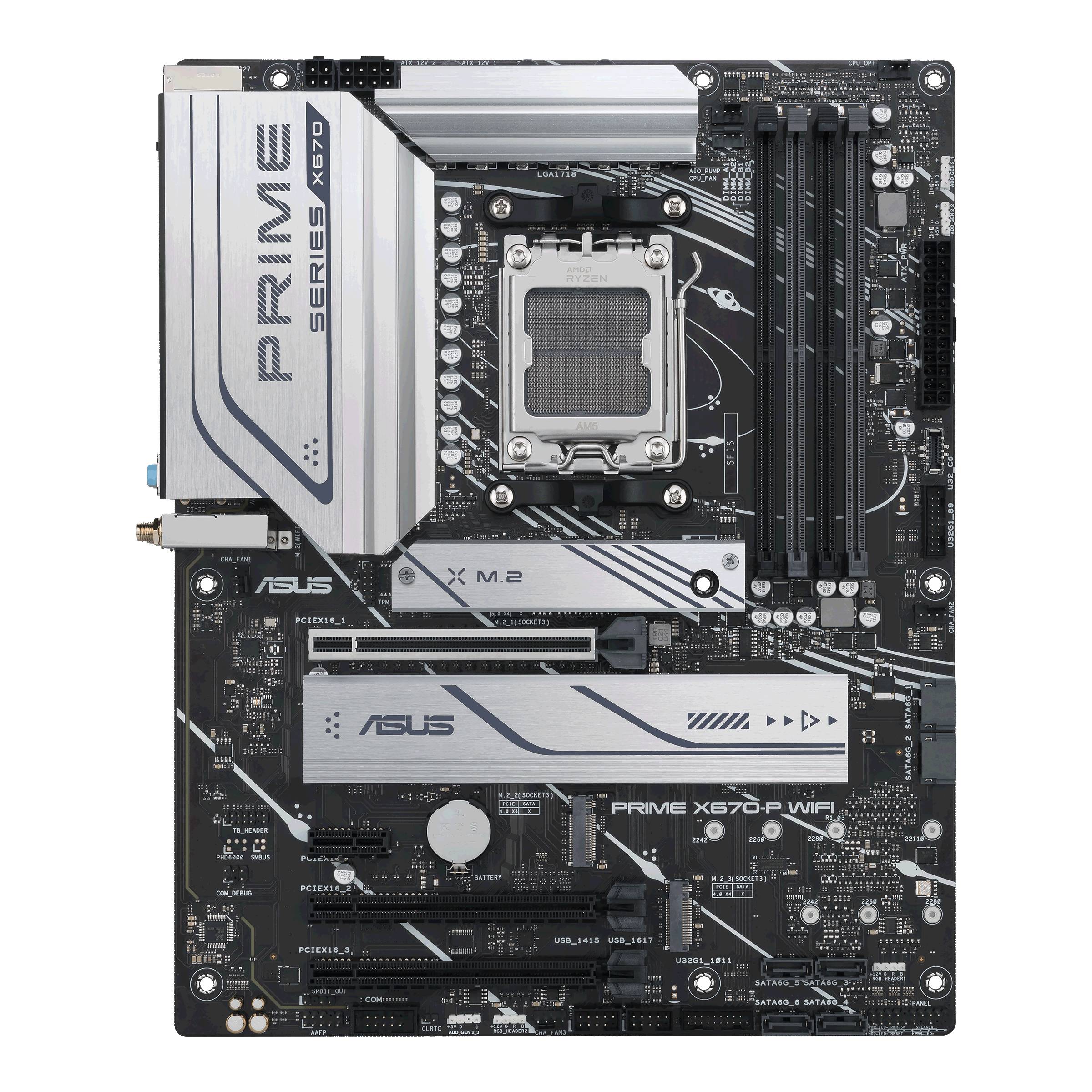 Une carte mère ASUS, modèle Prime X670-P WIFI, avec socket pour processeur, emplacements pour RAM et connecteur M.2, sur un circuit imprimé noir.