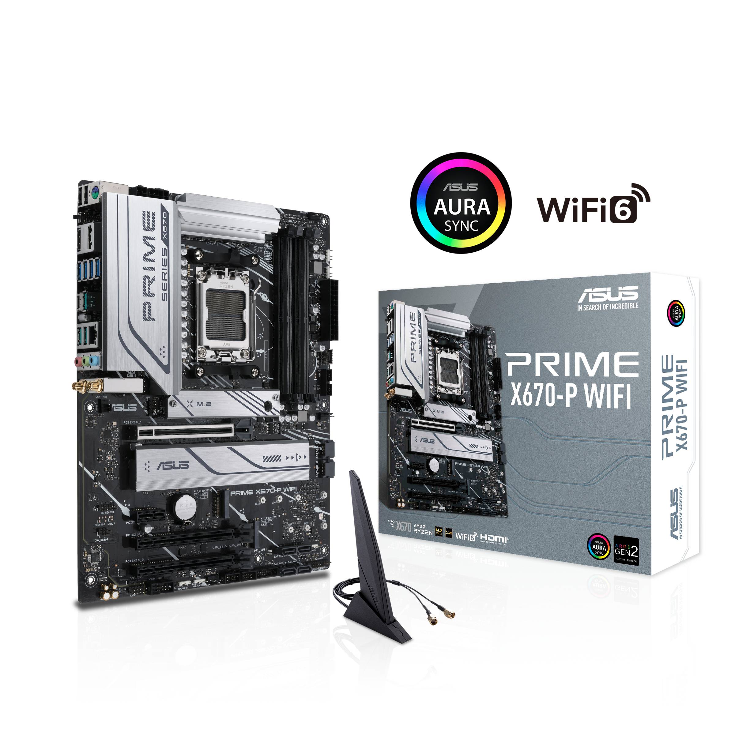 Carte mère ASUS PRIME X670-P Wifi avec emballage et antenne, éclairage RGB, WiFi 6 et logo Aura Sync, idéale pour les PC de gaming.