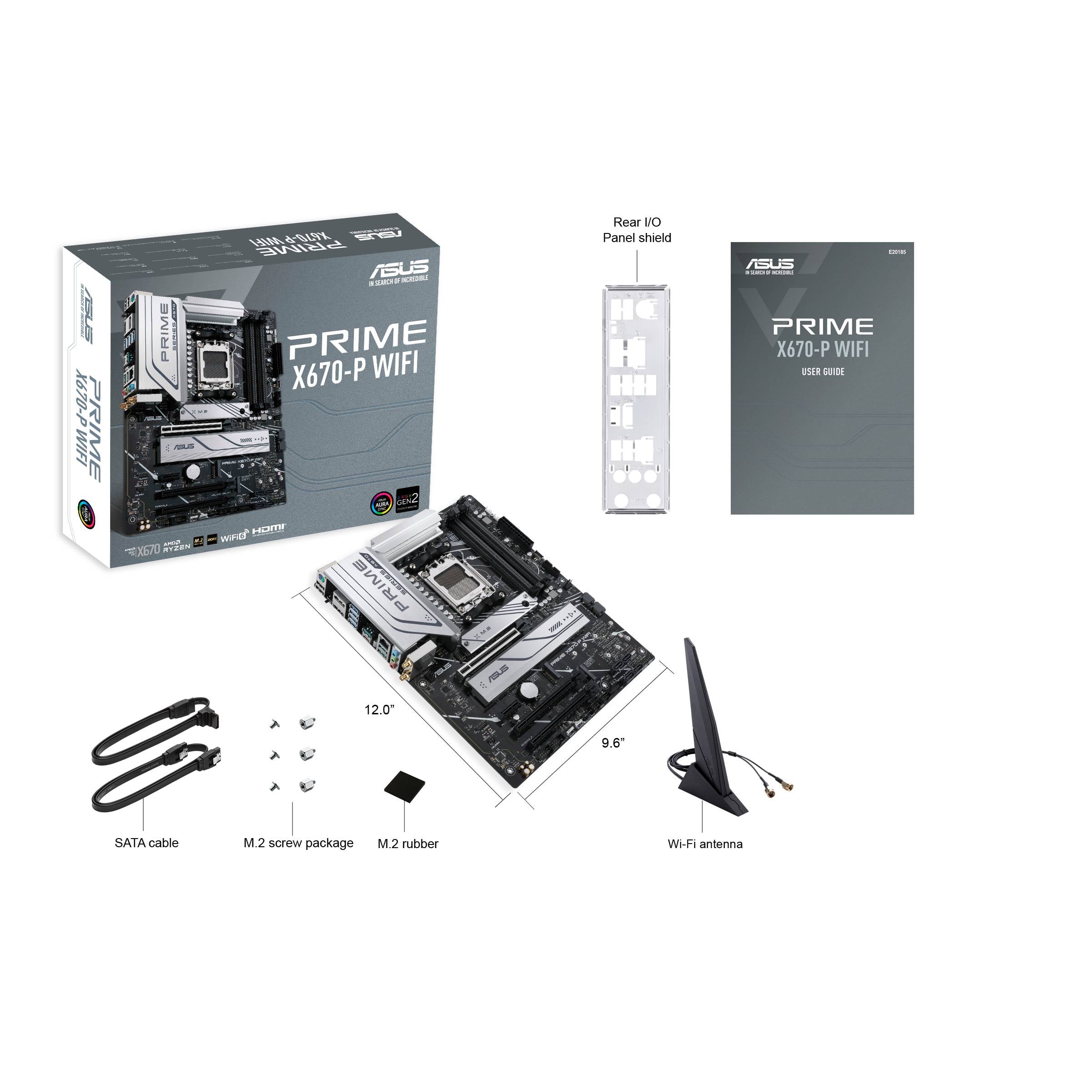 Carte mère ASUS PRIME X670-P WIFI avec accessoires : antenne Wi-Fi, câble SATA, kit de vis M.2, cache-baie, manuel.