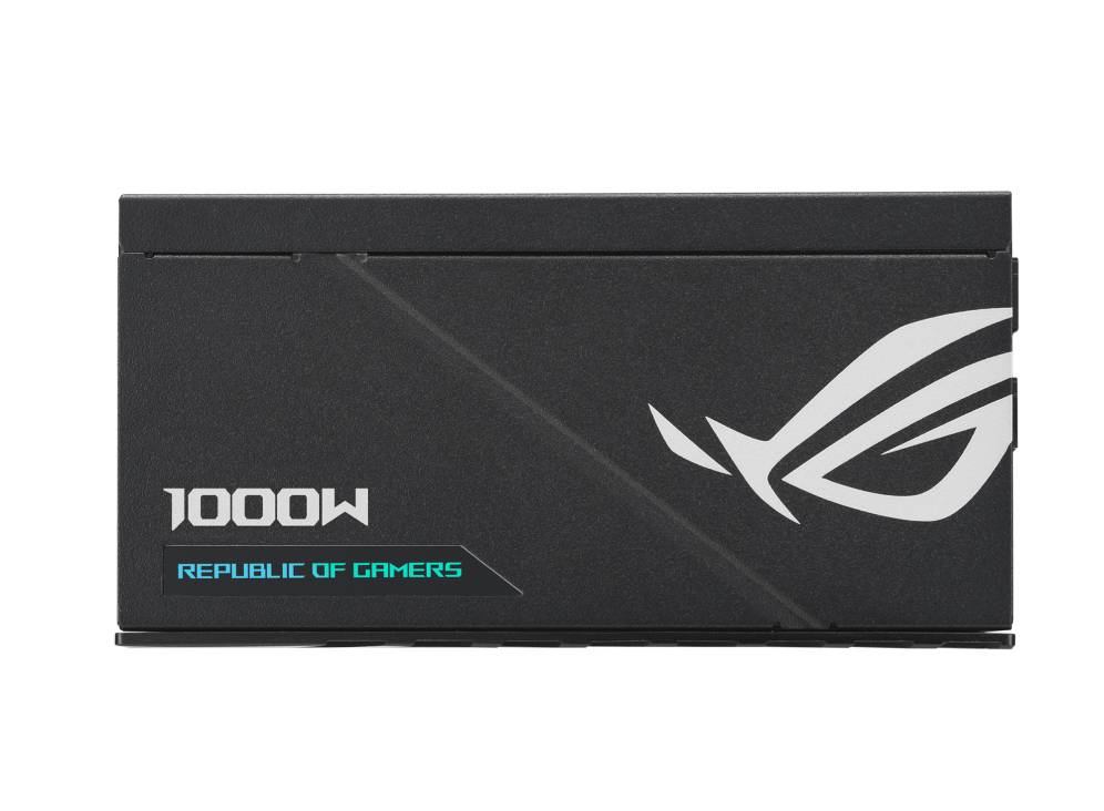 Bloc d'alimentation PC noir de 1000W avec les inscriptions '1000W' et 'Republic of Gamers', à côté d'un logo stylisé.