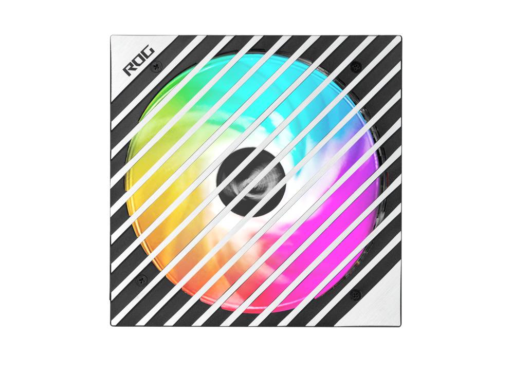 Un ventilateur d'ordinateur avec des lumières LED colorées en rotation derrière une grille rayée noir et blanc.