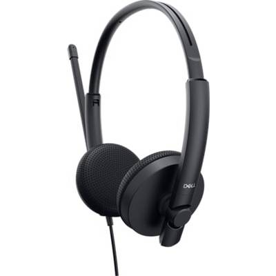 Casque noir filaire avec microphone et haut-parleurs, adapté aux appels téléphoniques ou à l'utilisation informatique.