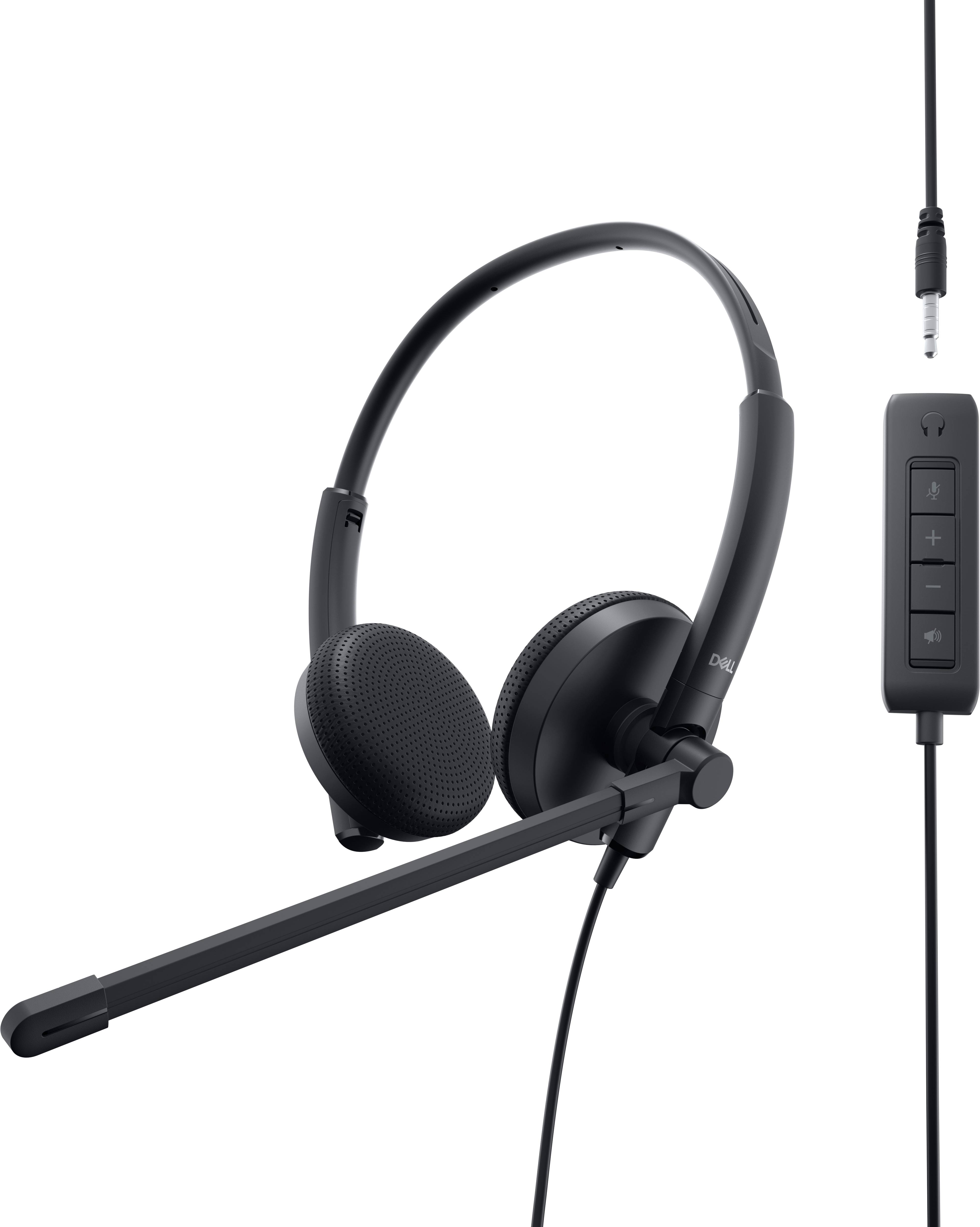 Casque filaire noir avec perche microphone et télécommande intégrée pour le contrôle du volume et la mise en sourdine.