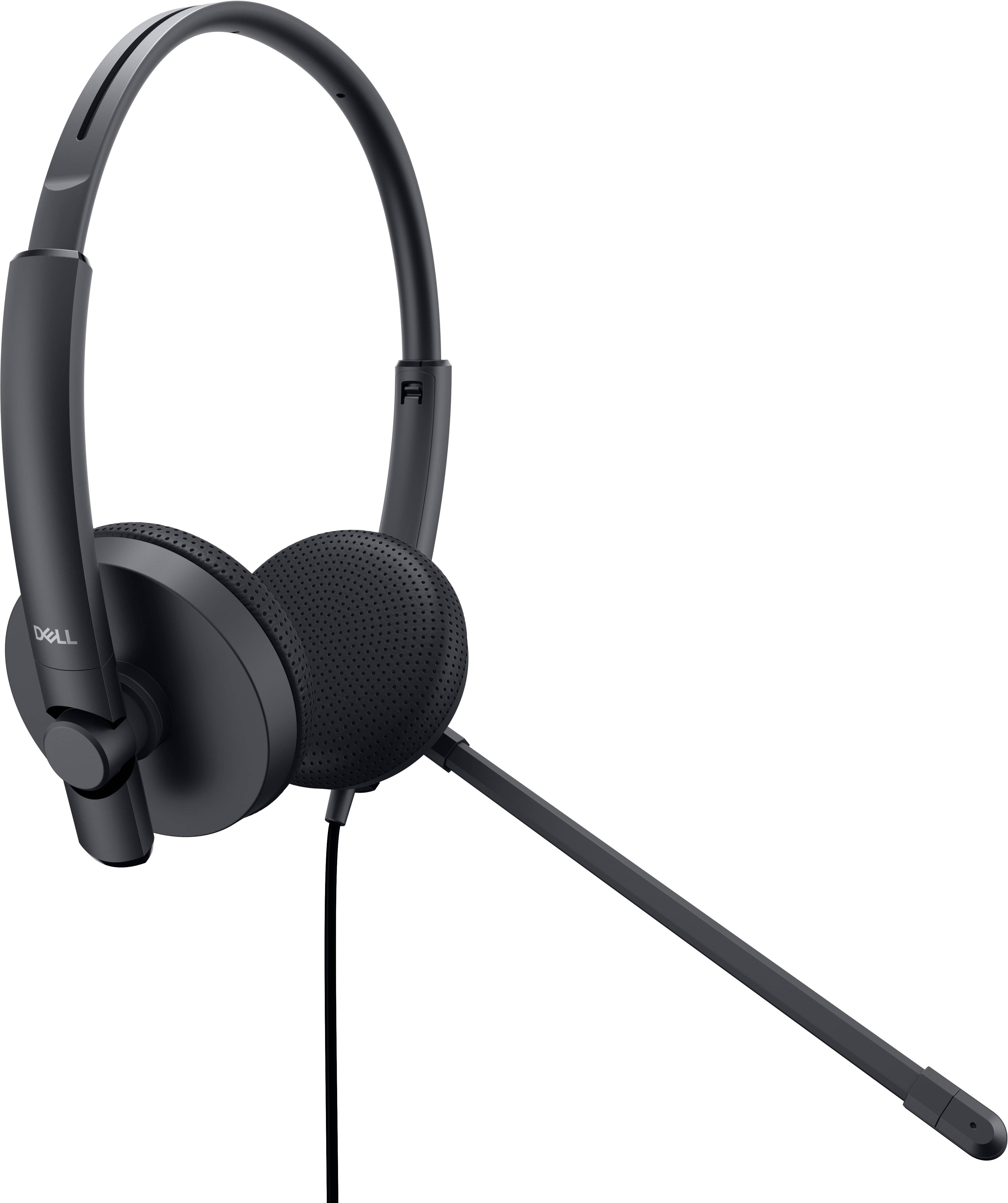 Un casque noir avec câble, doté d'un micro-perche et de deux oreillettes rembourrées.