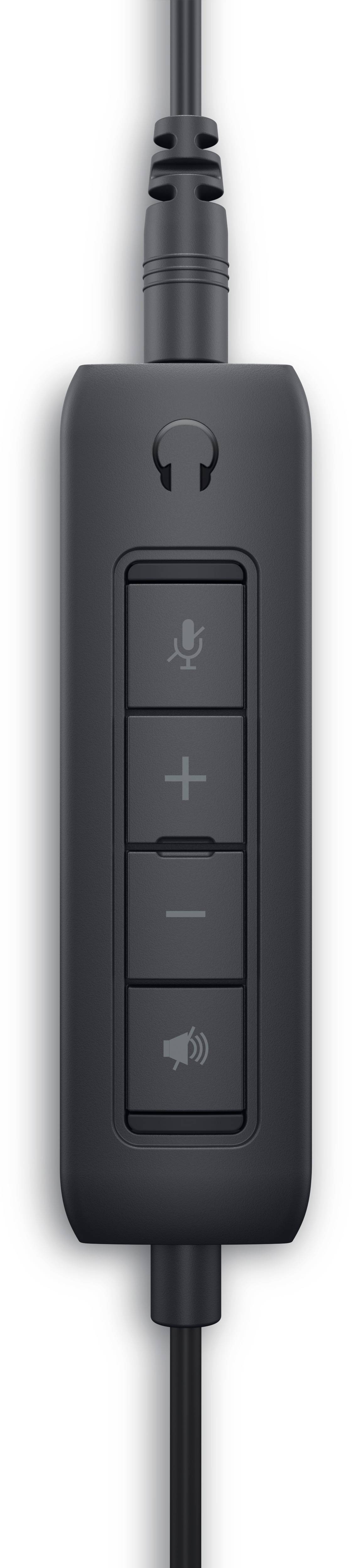 Un panneau de commande noir avec quatre touches symboliques : casque, couper le micro, réduire le volume, haut-parleur.