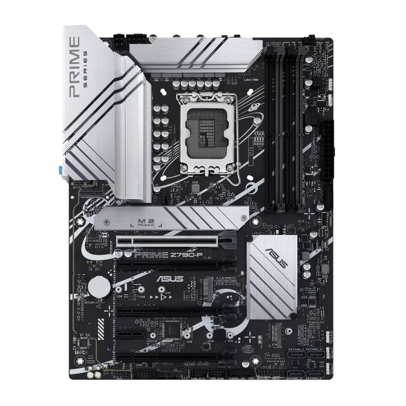 Une carte mère d'ordinateur avec un socket processeur, quatre emplacements RAM et plusieurs ports. Modèle 'Prime Z790-P'.