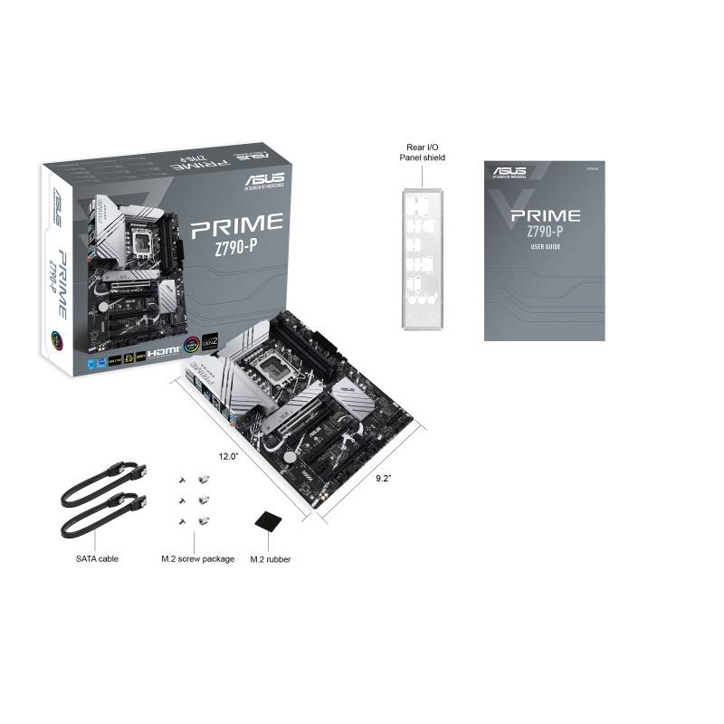 Carte mère ASUS Prime Z790-P, emballage montrant les spécifications et les accessoires : câbles SATA, kit de vis, cache de panneau d'E/S.