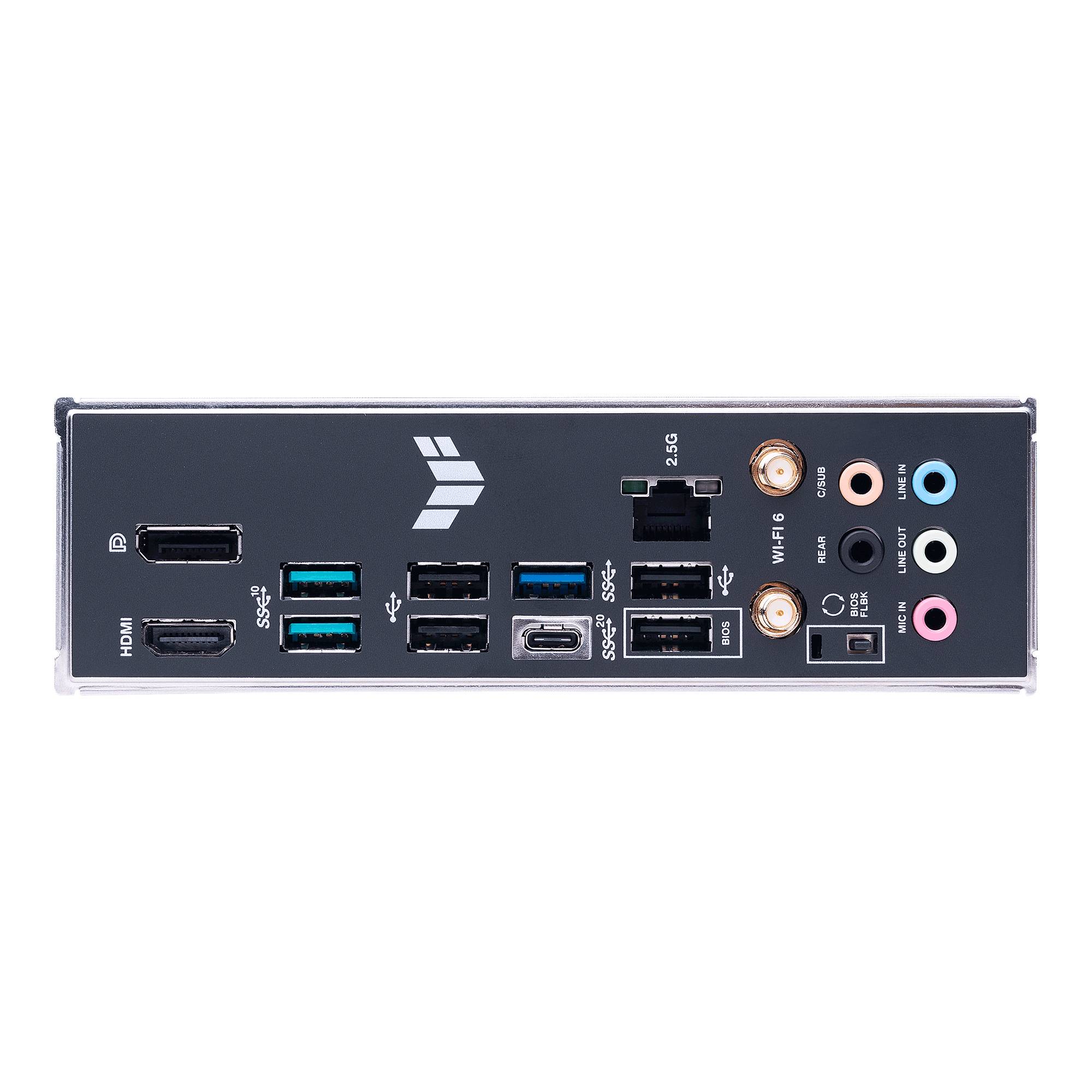Arrière d'une carte mère d'ordinateur avec différents ports : HDMI, USB, ports audio et connecteurs d'antenne pour le Wi-Fi.