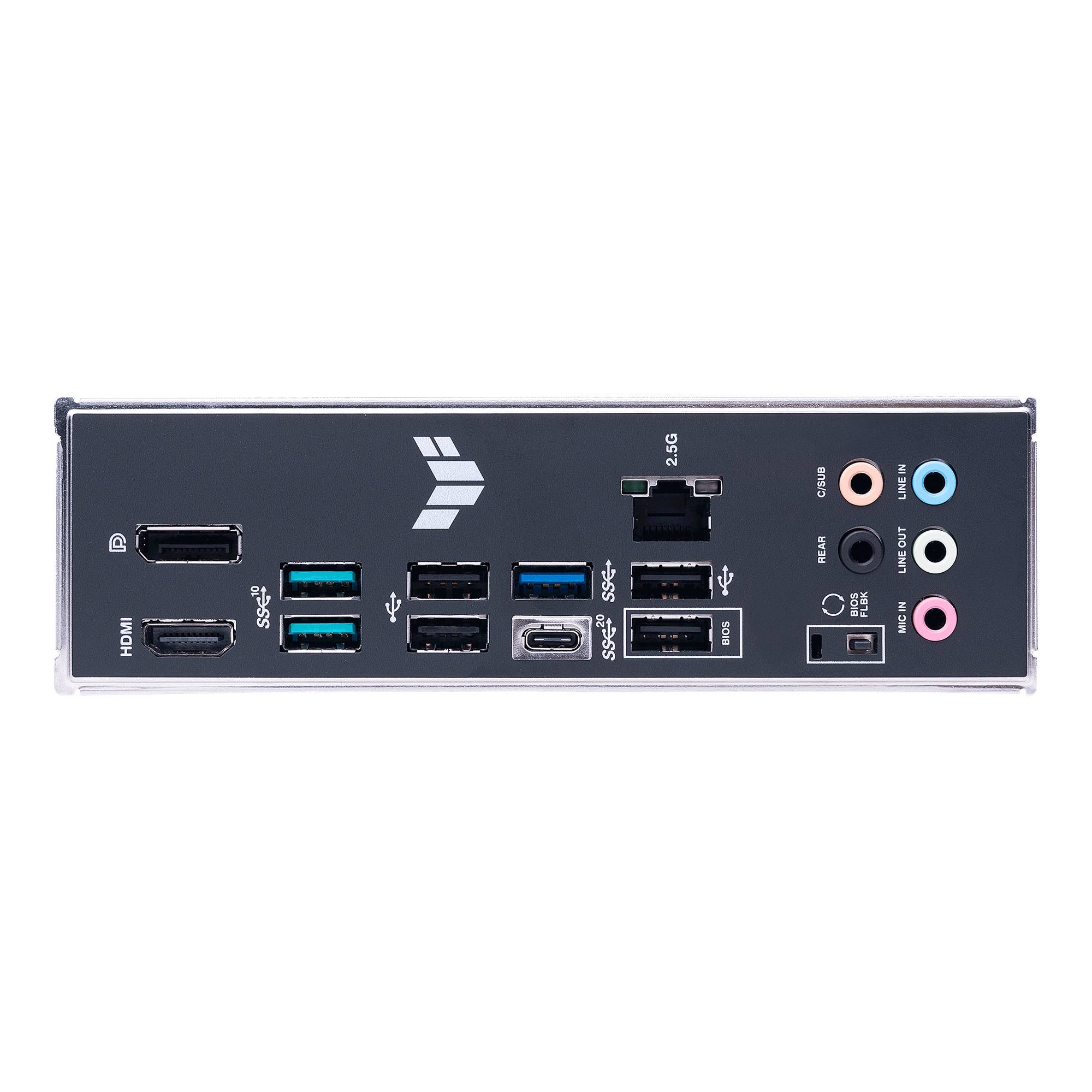 Arrière d'un boîtier d'ordinateur avec différents ports : HDMI, USB, Ethernet et ports audio.