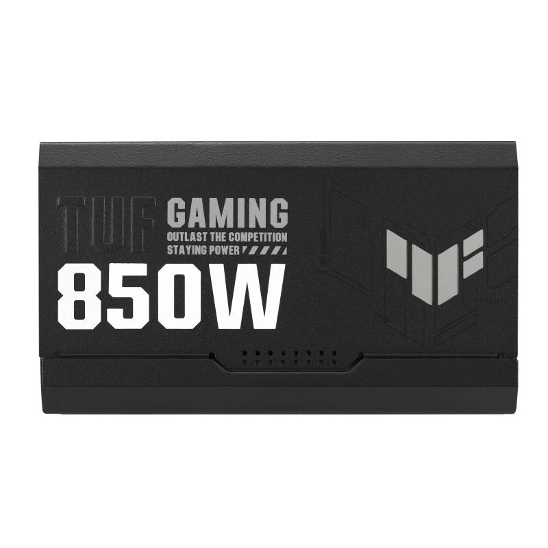 Bloc d'alimentation portant l'inscription 'TUF Gaming 850W', boîtier noir, adapté aux systèmes informatiques haute performance.