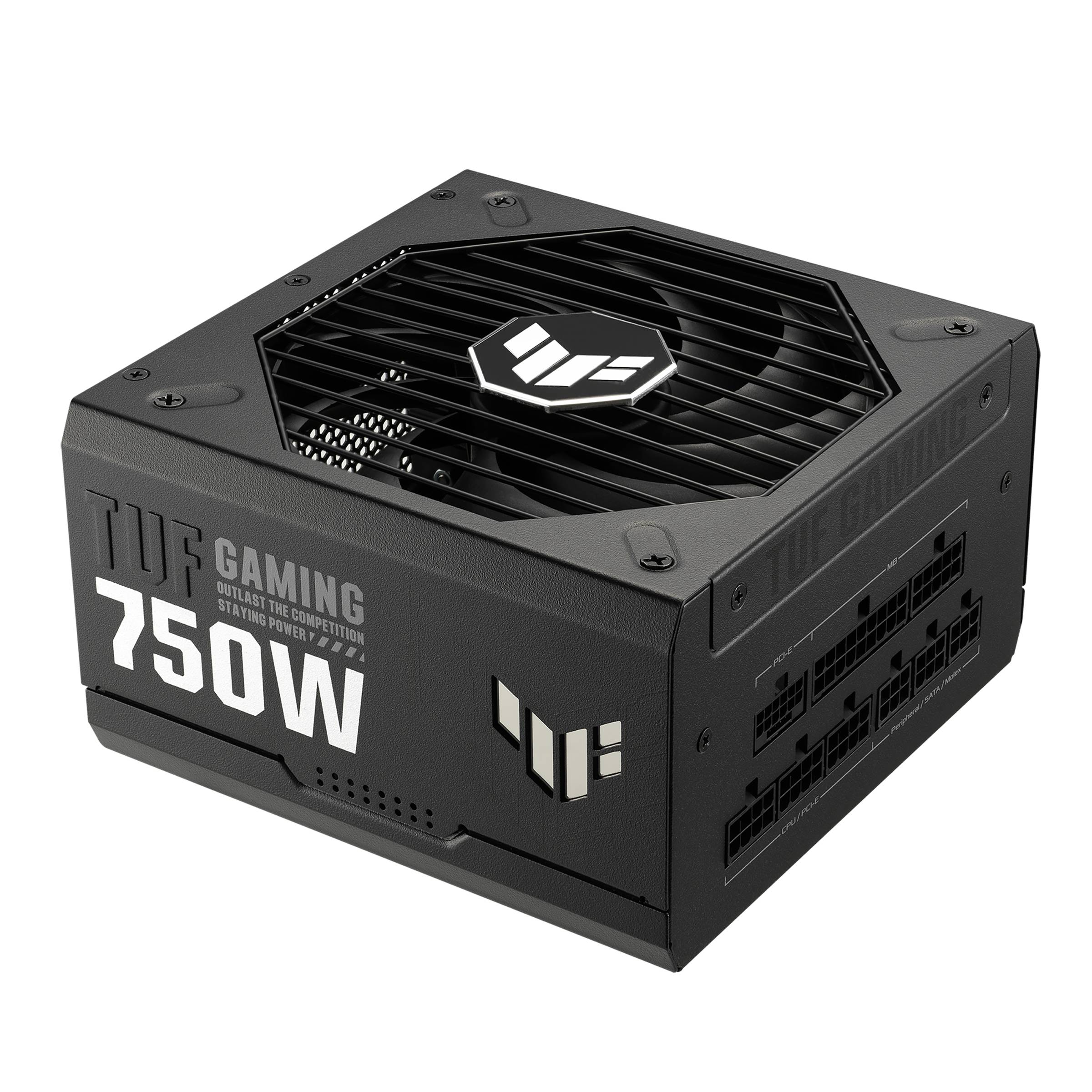 Bloc d'alimentation gaming noir de 750W avec ventilateur visible et zone de connexion. Inscription : « TUF Gaming » ; adapté aux ordinateurs puissants.
