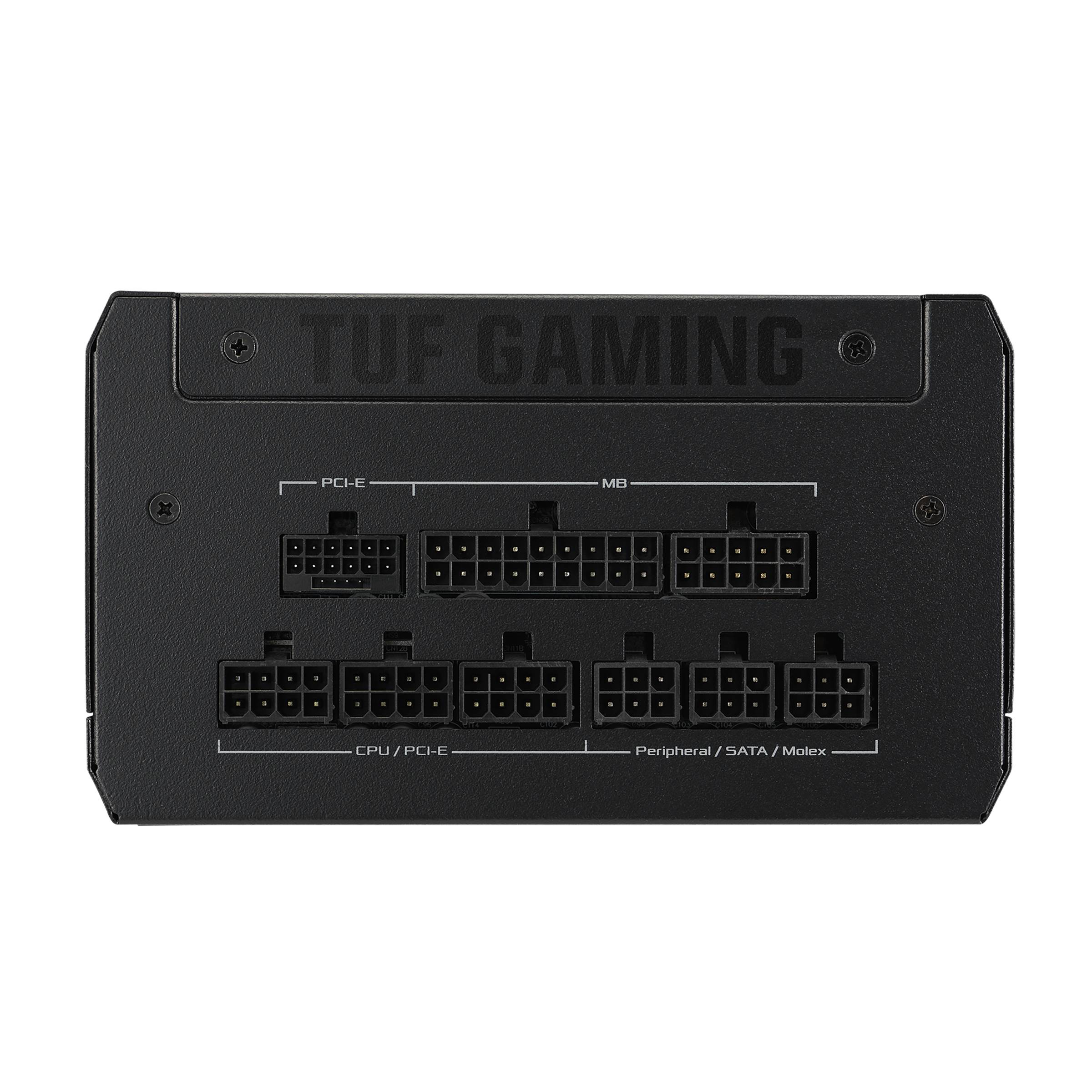 Vue arrière d'un bloc d'alimentation TUF Gaming avec plusieurs emplacements pour les connecteurs PCIe, carte mère, CPU, SATA et Molex.