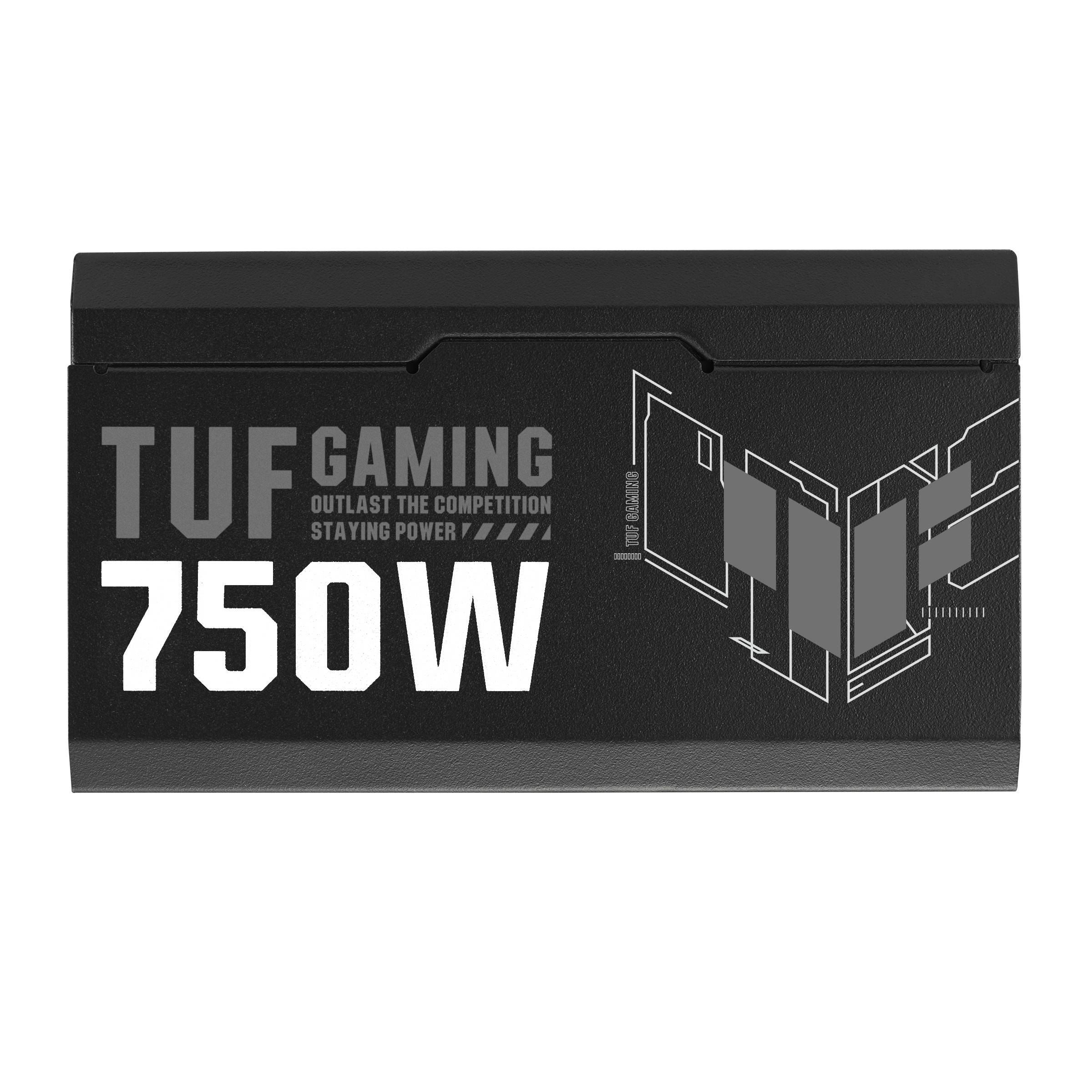Bloc d'alimentation TUF Gaming 750W, noir, pour PC haute performance, design robuste avec l'inscription « Surpassez la concurrence, endurance ».