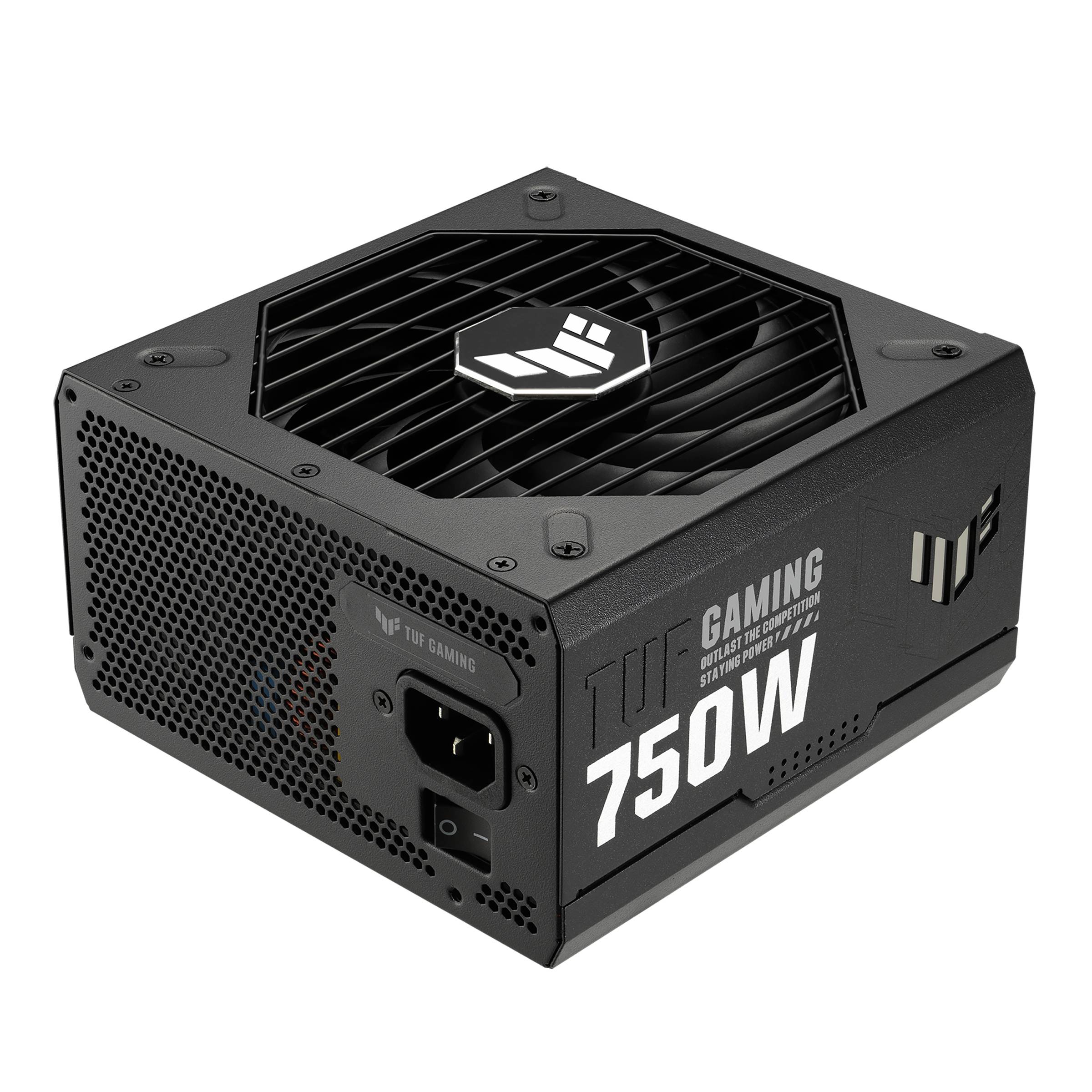 Bloc d'alimentation de gaming noir portant l'inscription « TUF Gaming 750W ». Grille de ventilateur visible en haut, logo de marque apparent.