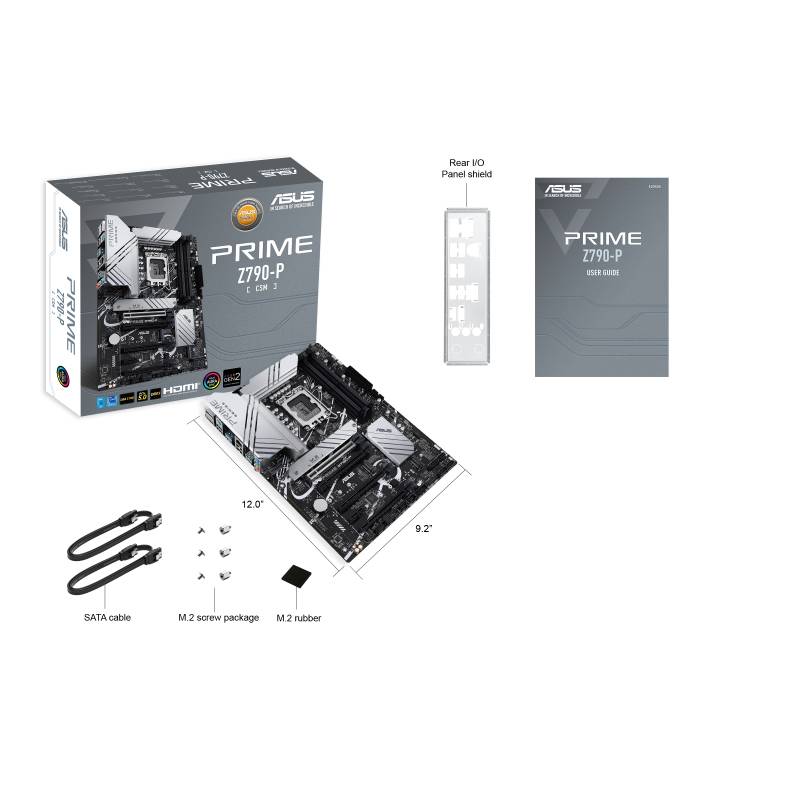Ensemble de carte mère ASUS Prime Z790-P avec emballage, carte mère, accessoires, manuel et plaque de connexion. Compatible avec les processeurs Intel Core des 12e et 13e générations.