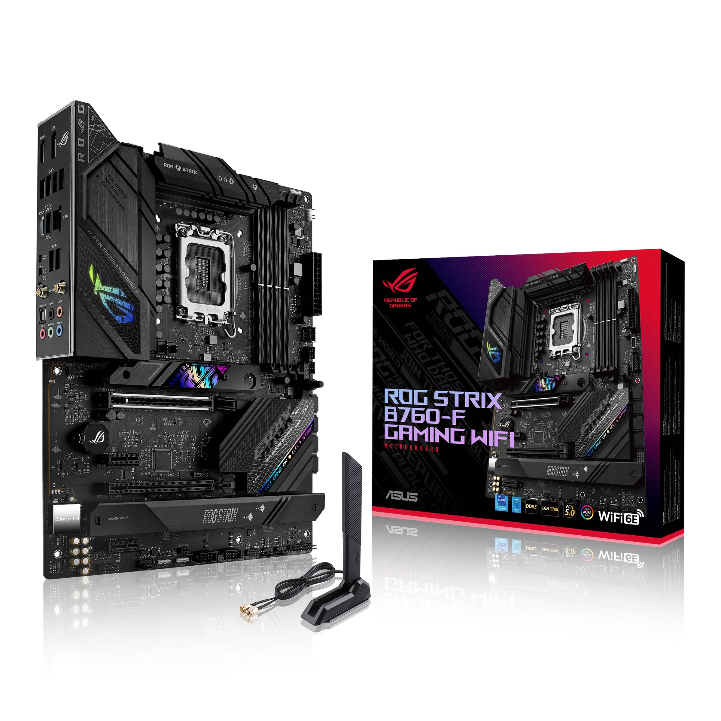 Carte mère ASUS ROG Strix B760-F Gaming WiFi avec son emballage. Montre les connecteurs, l'éclairage RGB et l'antenne WiFi.
