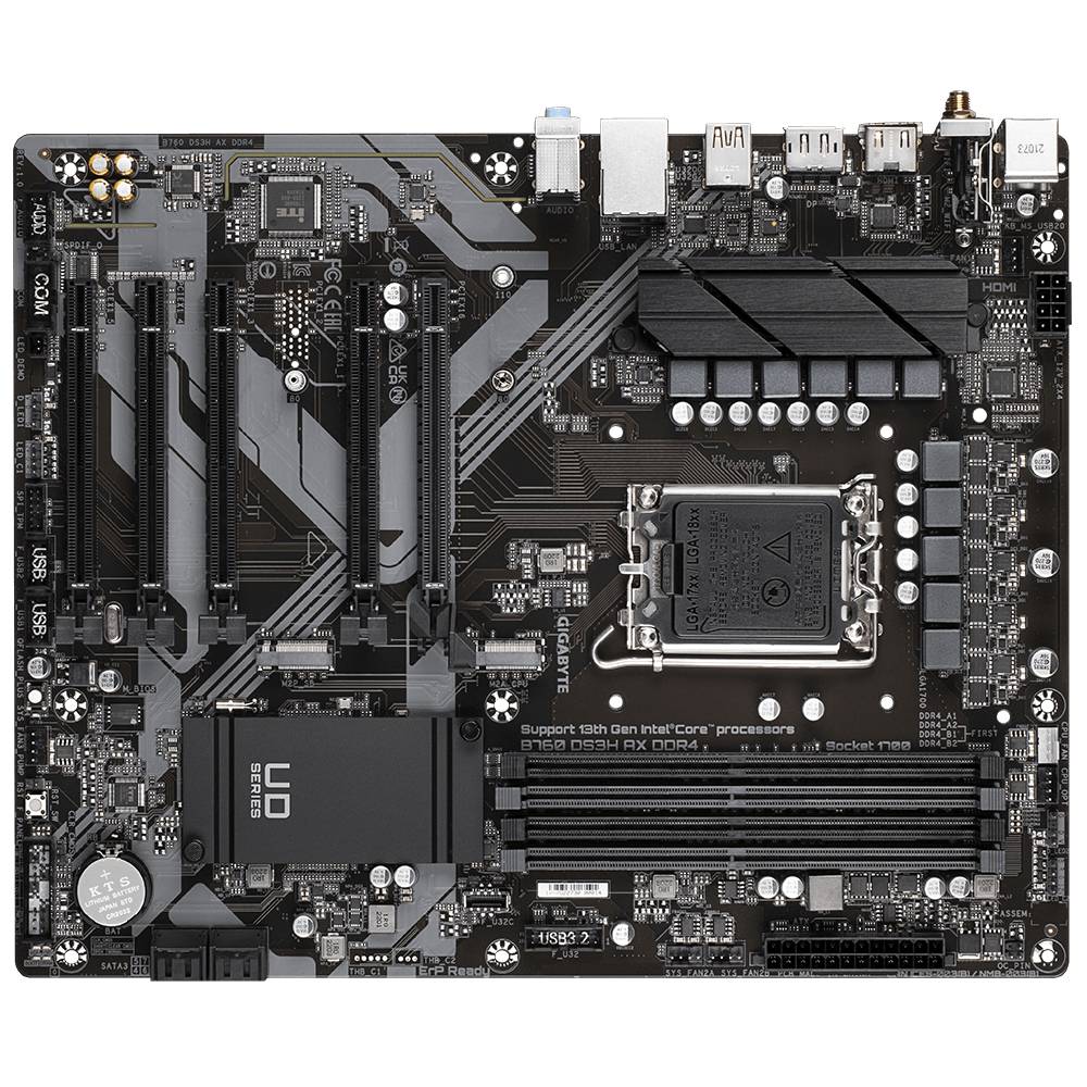 Carte mère d'ordinateur pour processeurs Intel avec différents sockets, emplacements et connecteurs, prête à accueillir des composants performants.