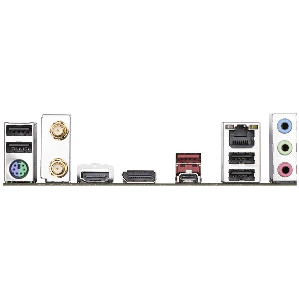 Verso d'une carte mère d'ordinateur avec différents ports : USB, HDMI, Ethernet, Audio, DisplayPort et PS/2.