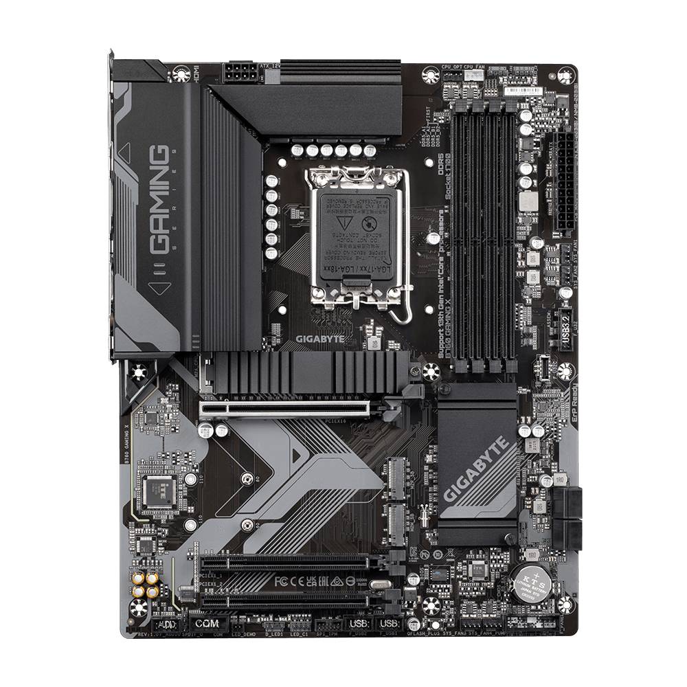 Une carte mère noire avec différents puces, connecteurs et une grande inscription 'GIGABYTE' au centre.