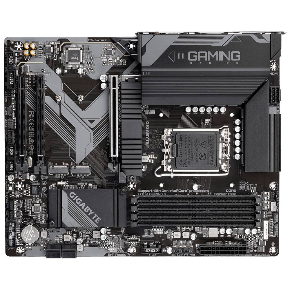 Carte mère GIGABYTE, modèle conçu pour les PC de gaming, présentant divers emplacements et connecteurs, optimisée pour les processeurs Intel.