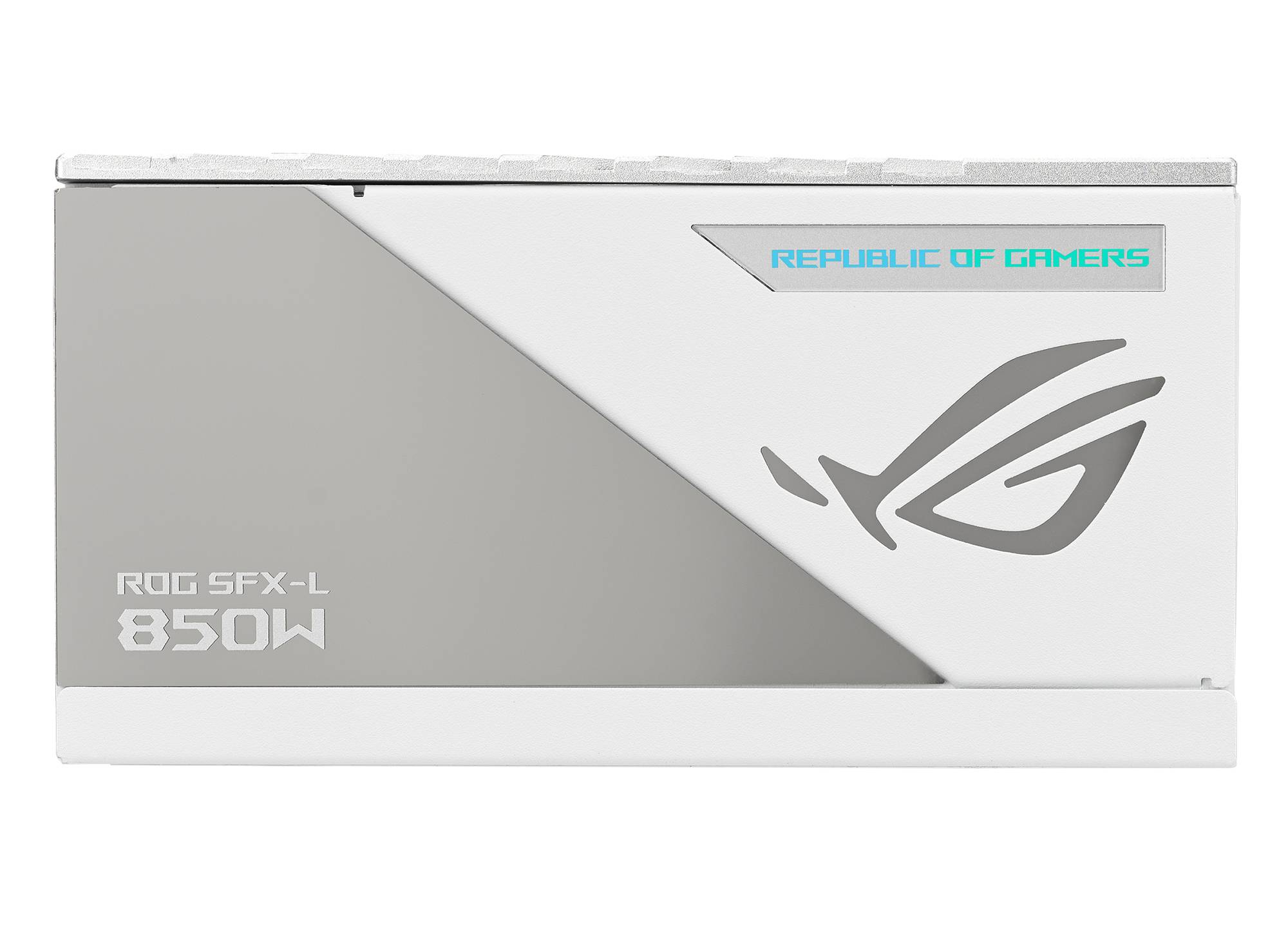 Un module d'alimentation blanc ROG avec le logo 'ROG SFX-L 850W' et l'inscription 'Republic of Gamers', au design moderne.