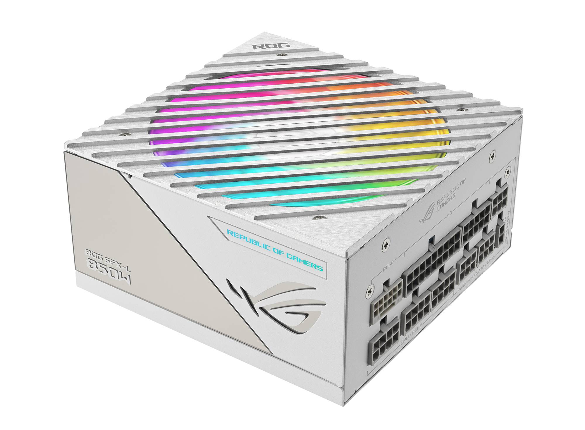 Un bloc d'alimentation PC blanc avec éclairage RVB et plusieurs connecteurs. Logo de marque et designs décoratifs sur la surface.
