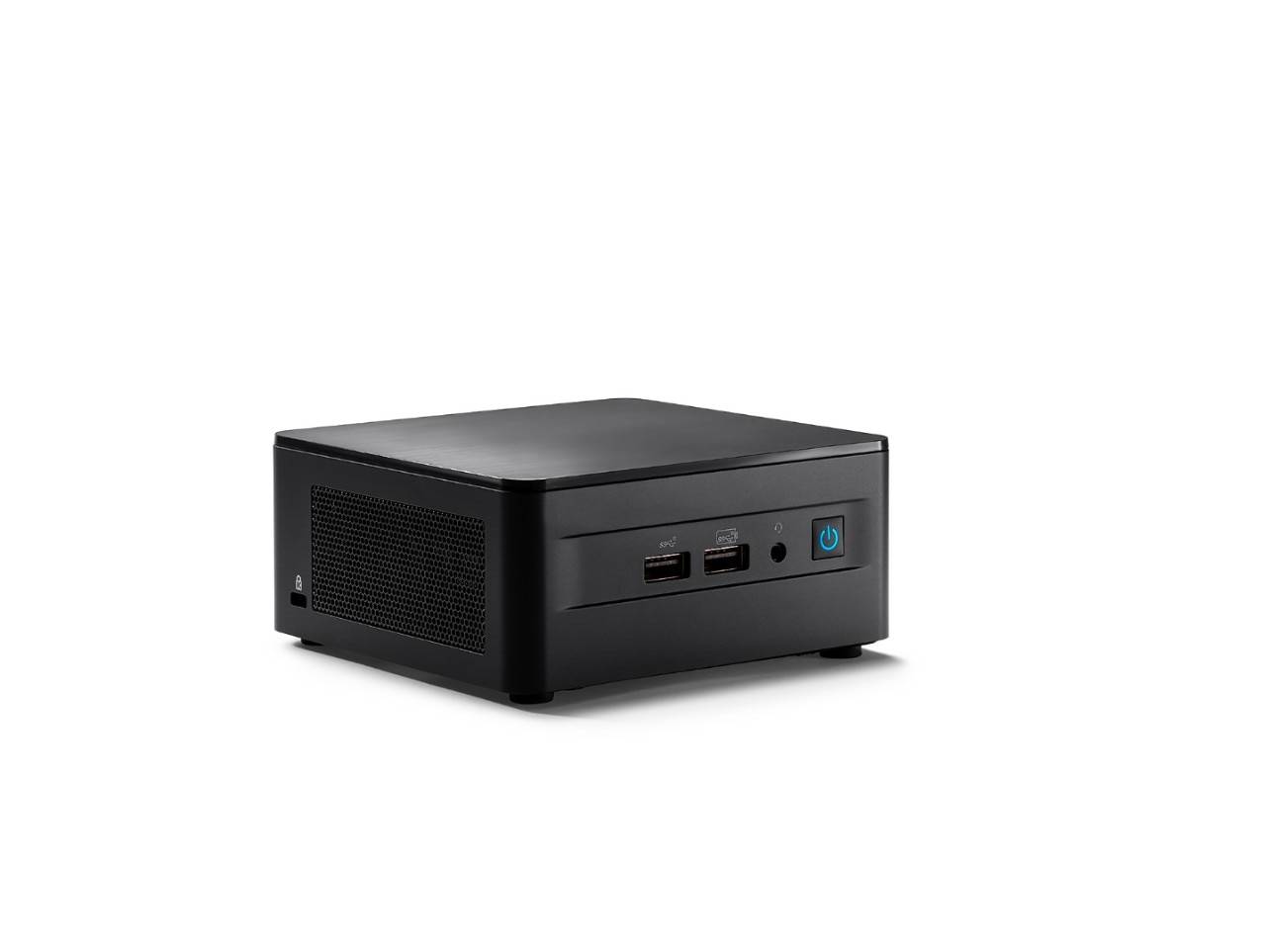 Un mini-PC compact noir avec plusieurs ports USB et un interrupteur marche/arrêt à l'avant.
