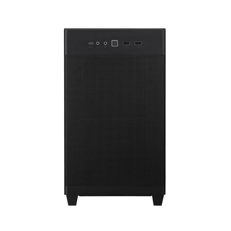 Boîtier d'ordinateur noir vu de face, doté de ports USB et d'une grille de ventilation sur le devant.