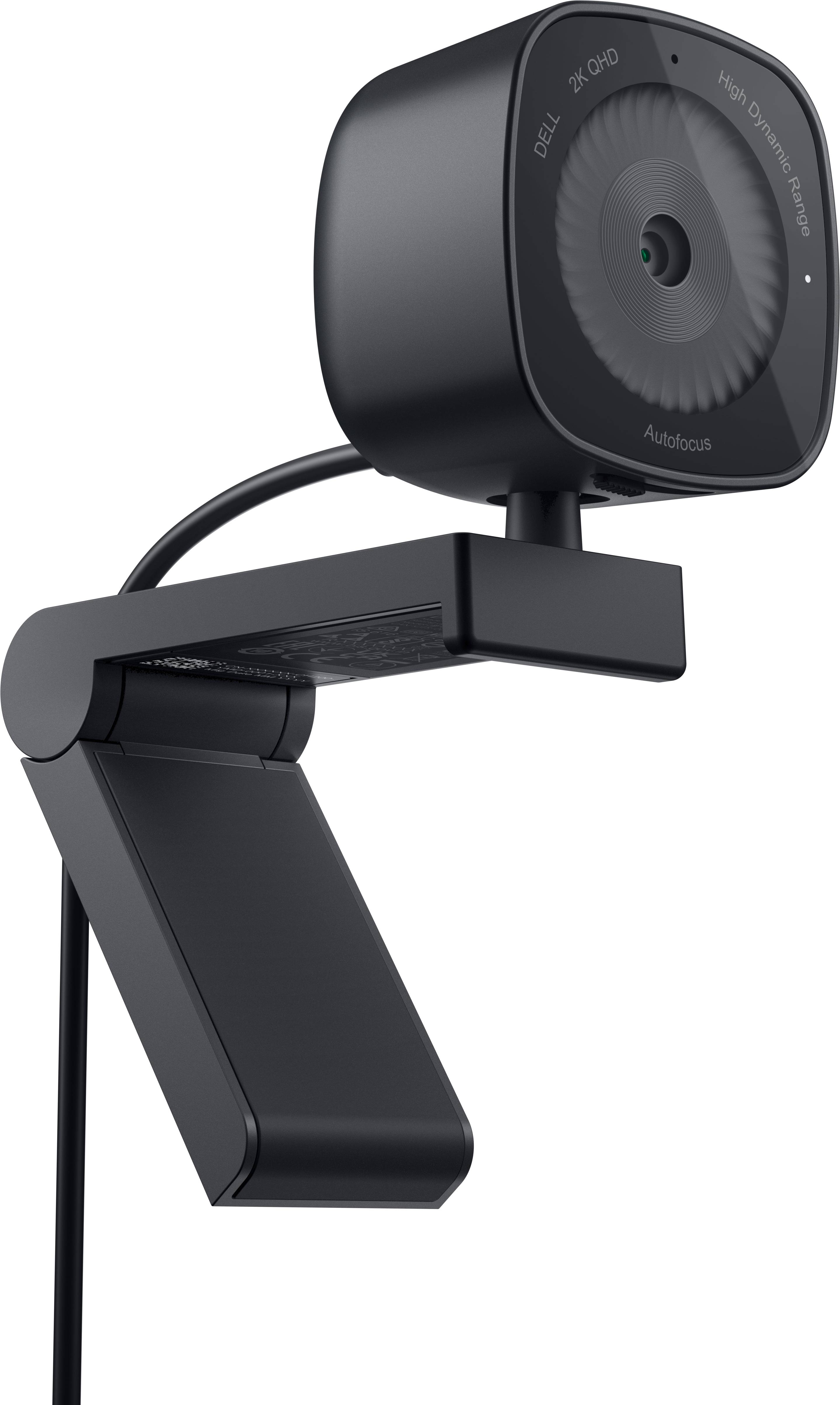 Une webcam noire avec mise au point automatique et plage dynamique élevée, montée sur un support ajustable avec connexion filaire.