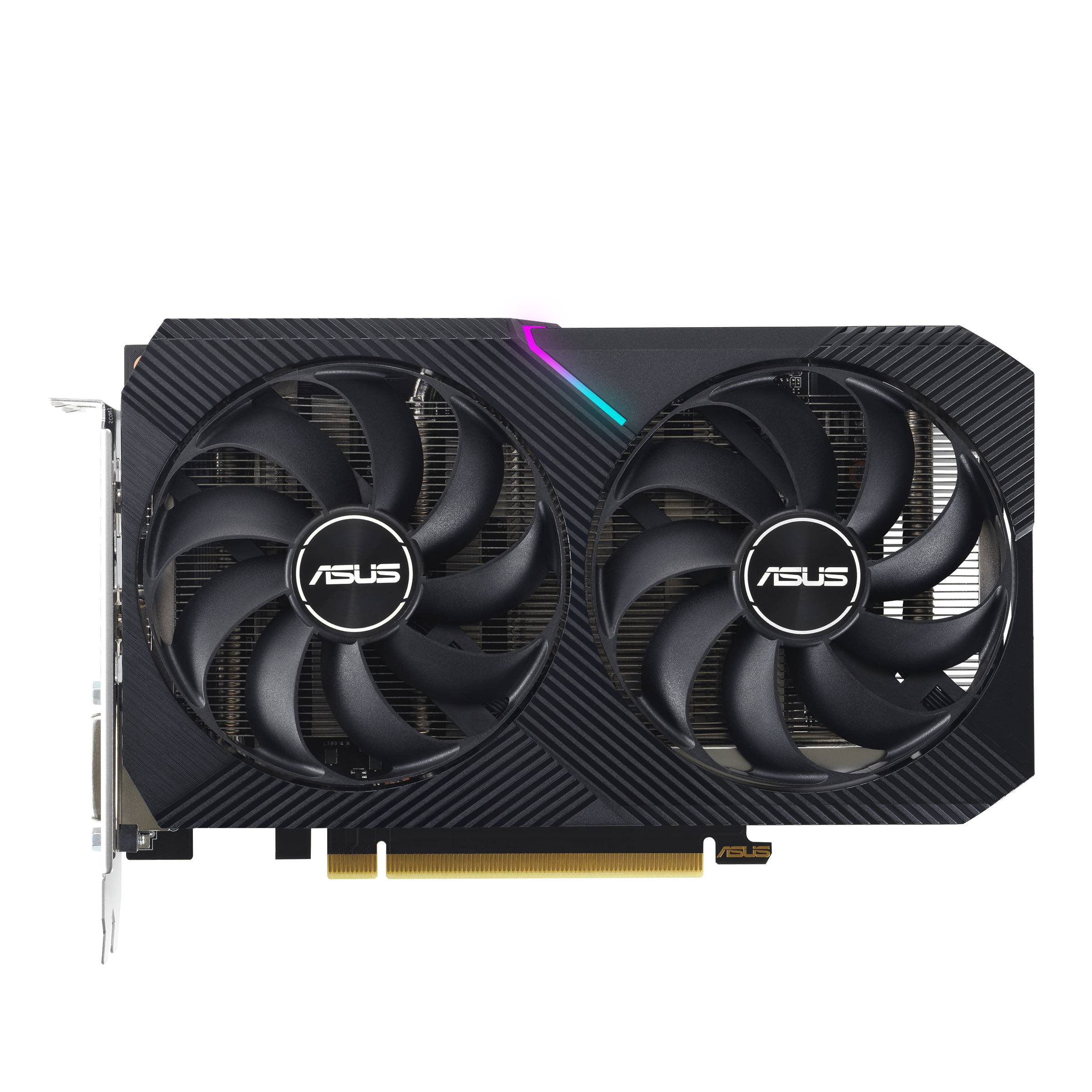 Une carte graphique ASUS avec deux grands ventilateurs, un boîtier noir et des détails RGB, optimisée pour les performances de jeu et graphiques.