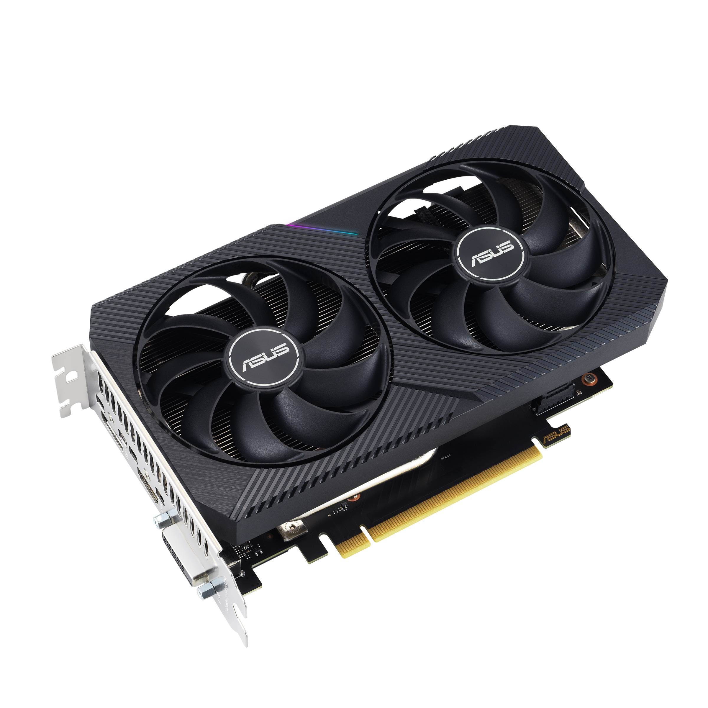 Une carte graphique noire avec deux grands ventilateurs et un logo Asus sur chaque ventilateur. Elle dispose d'une barre de connexion dorée en bas à gauche.