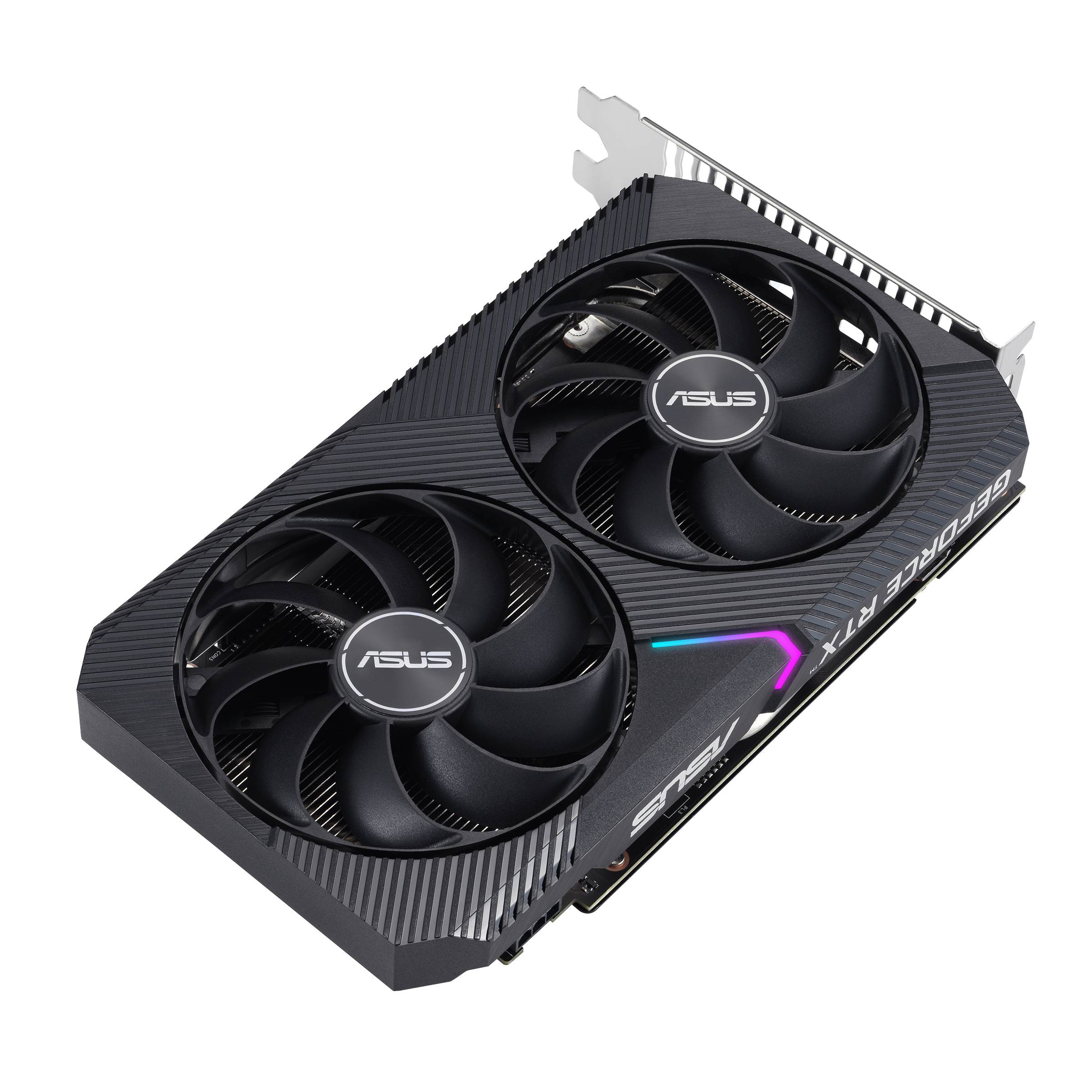 Carte graphique ASUS avec deux ventilateurs et marquage GeForce RTX, adaptée aux jeux haute performance et au traitement graphique.