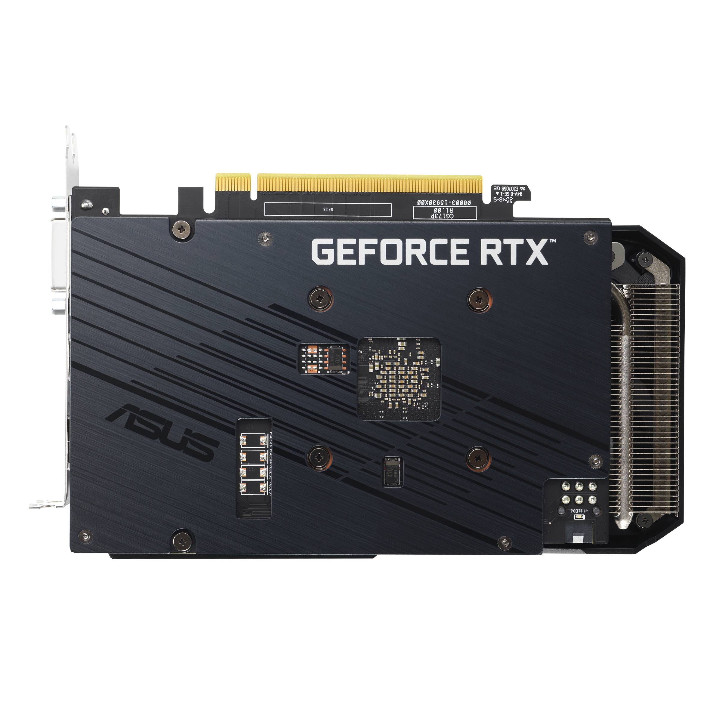 Carte graphique ASUS GeForce RTX au design noir et or, avec connexion PCIe et ventilateur. Conçue pour un gaming performant.