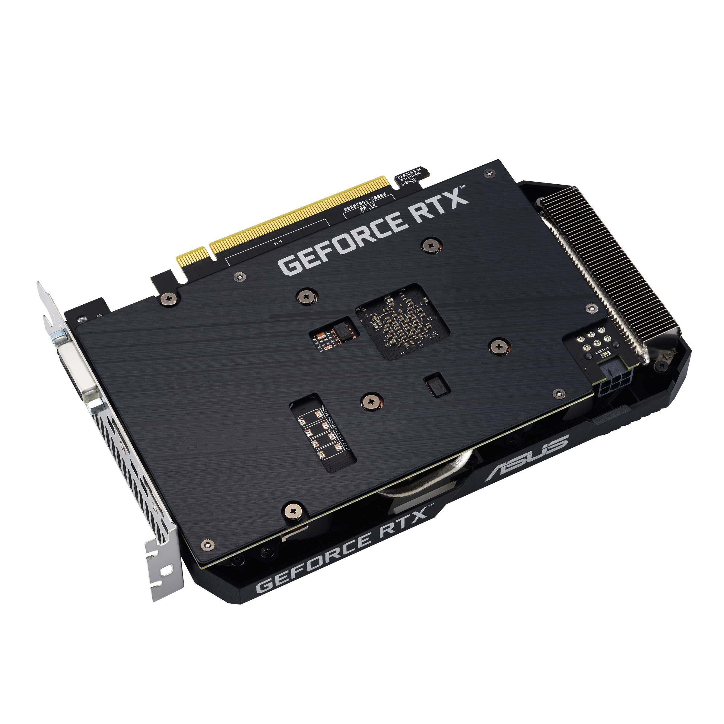 Carte graphique NVIDIA GeForce RTX d'ASUS, plaque noire avec contacts dorés, intégrée dans du matériel informatique, vue de côté.