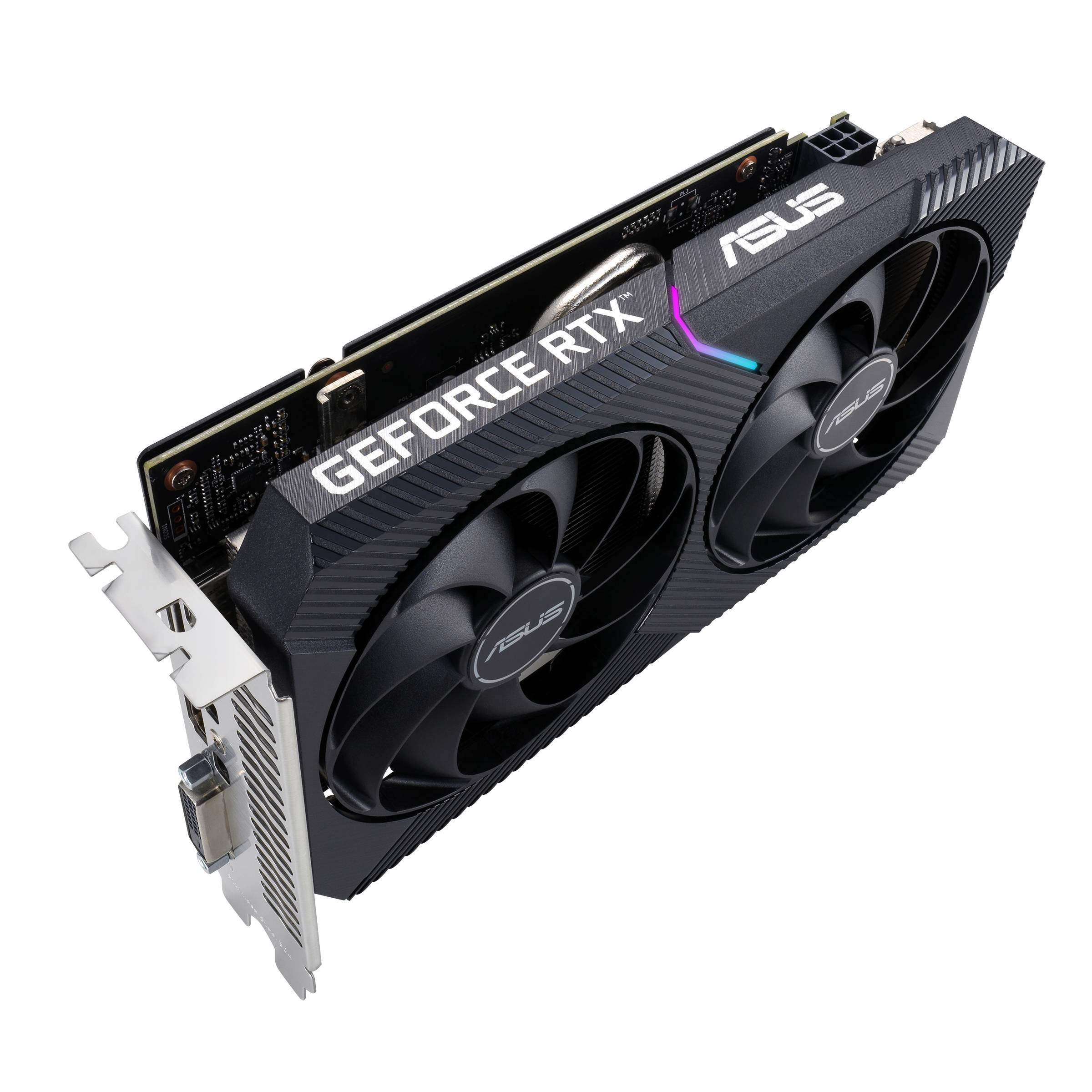Une carte graphique ASUS à deux ventilateurs, marquée 'GeForce RTX'. La carte est conçue pour les PC, avec ses caractéristiques de performance bien visibles.