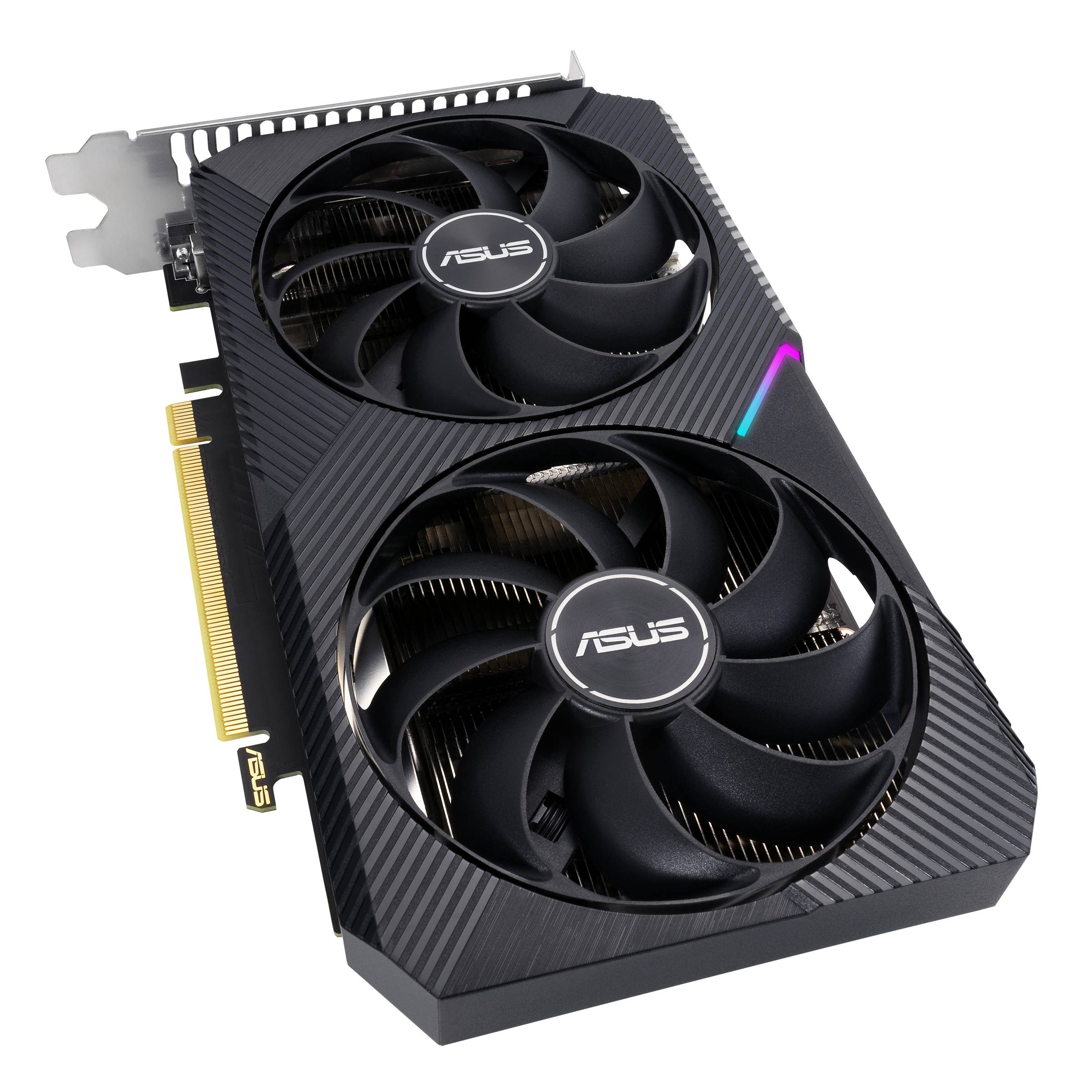 Une carte graphique ASUS à deux ventilateurs, noire avec des touches violettes, présentée sous un angle diagonal.