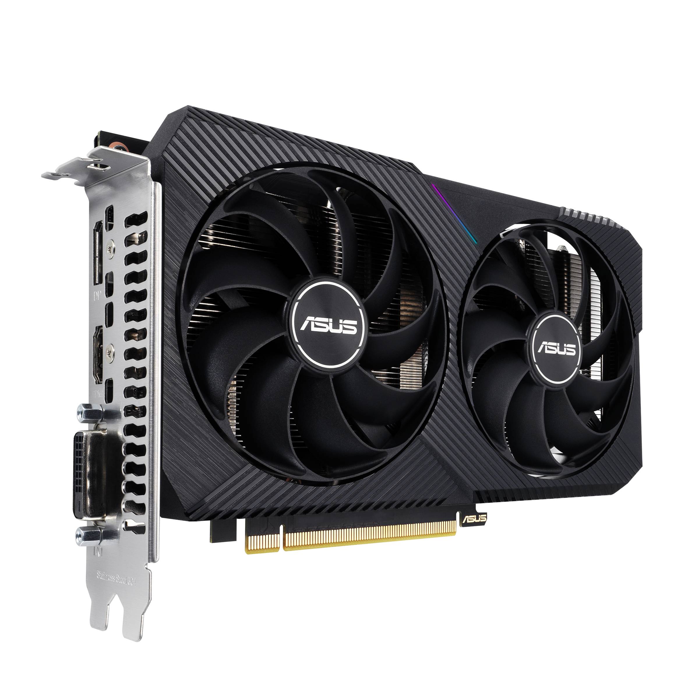 Une carte graphique ASUS noire avec deux grands ventilateurs, plusieurs possibilités de connexion sur le côté gauche et un connecteur PCIe doré en bas.