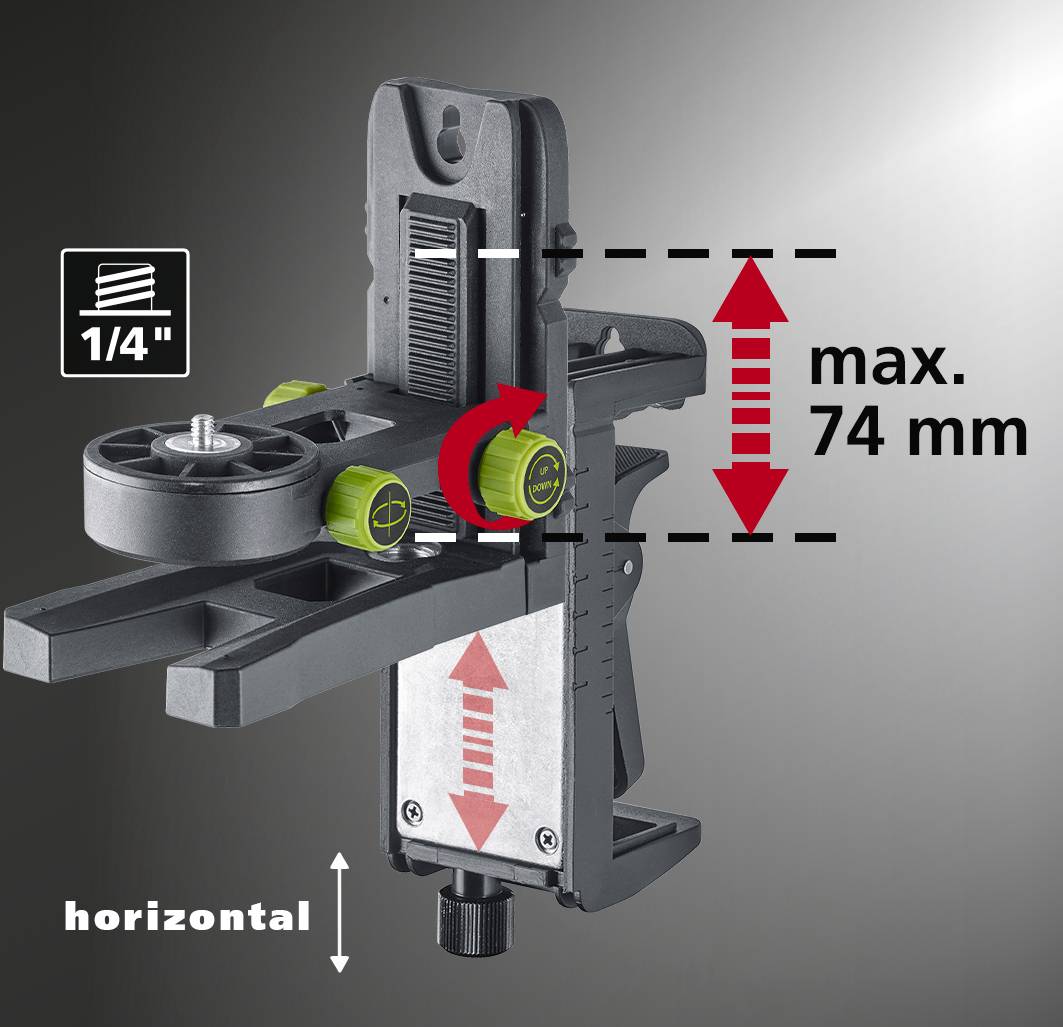 'Support avec niveau à bulle et graduation pour ajustement horizontal. Hauteur maximale : 74 mm. Adapté pour filetage 1/4 de pouce.'