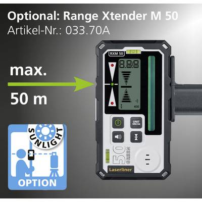 'Télémètre laser RXM 50' indique une portée maximale de 50 m. Référence article : 033.70A. Option 'Range Xtender M 50' par lumière solaire vive.