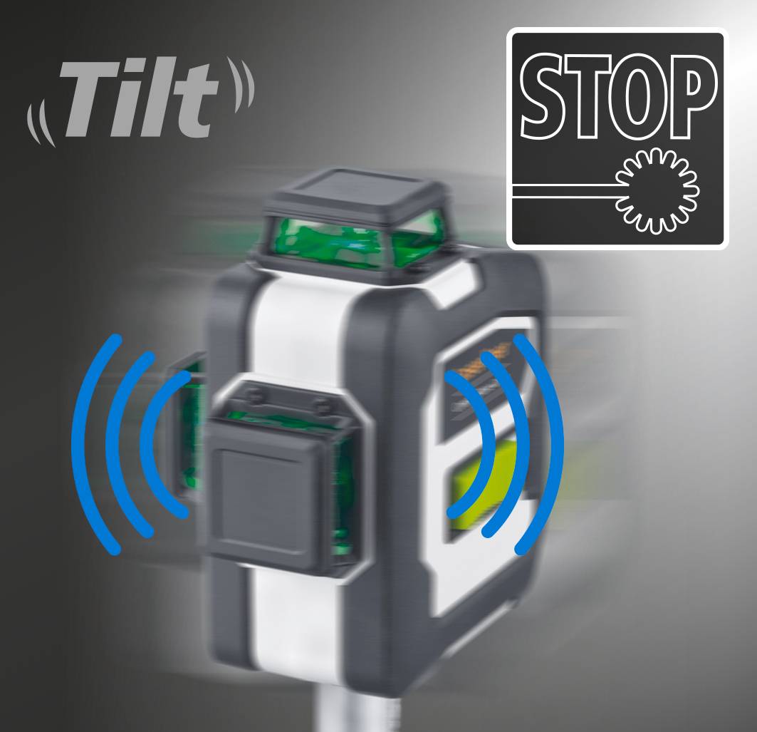 Capteur d'arrêt automatique avec protection anti-basculement indiqué par des lignes ondulées bleues. Le symbole 'STOP' illustre la fonction.