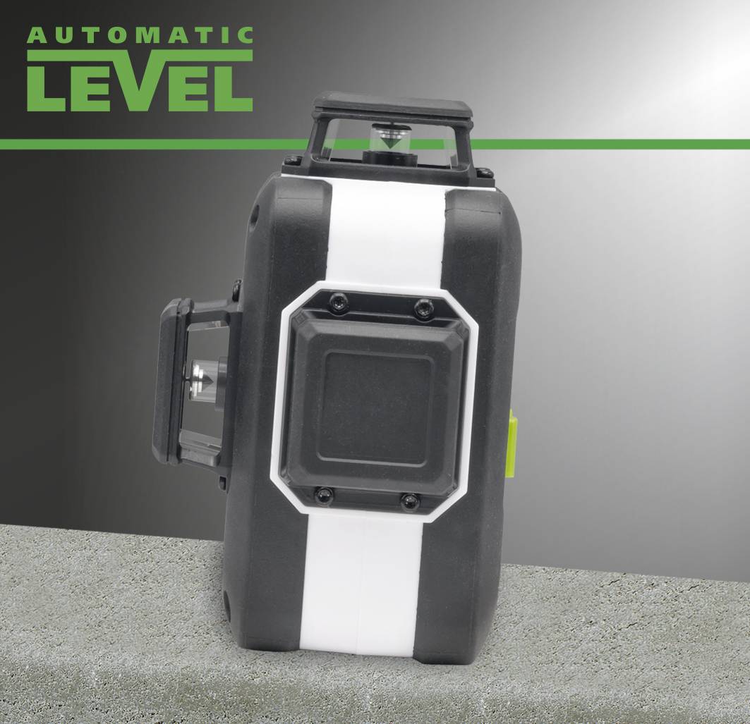 Niveau à bulle avec inscription 'Automatic Level', posé horizontalement avec une bande verte. Fonction principale : mesure précise.