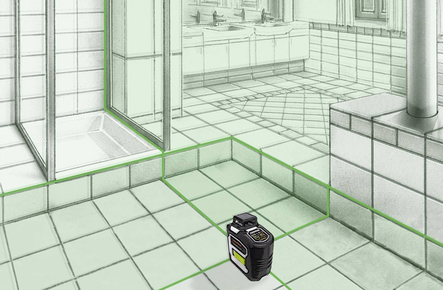 Un niveau laser projette des lignes vertes sur les carreaux d'une salle de bain afin de garantir des lignes droites et des angles précis pour des travaux de rénovation.