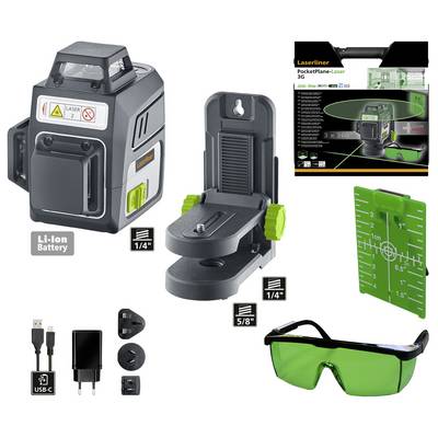 Ensemble 'Laserliner PocketPlane-Laser' comprenant un appareil laser, un support, un chargeur, un câble USB, une cible de mesure et des lunettes de protection. Idéal pour les travaux de construction.