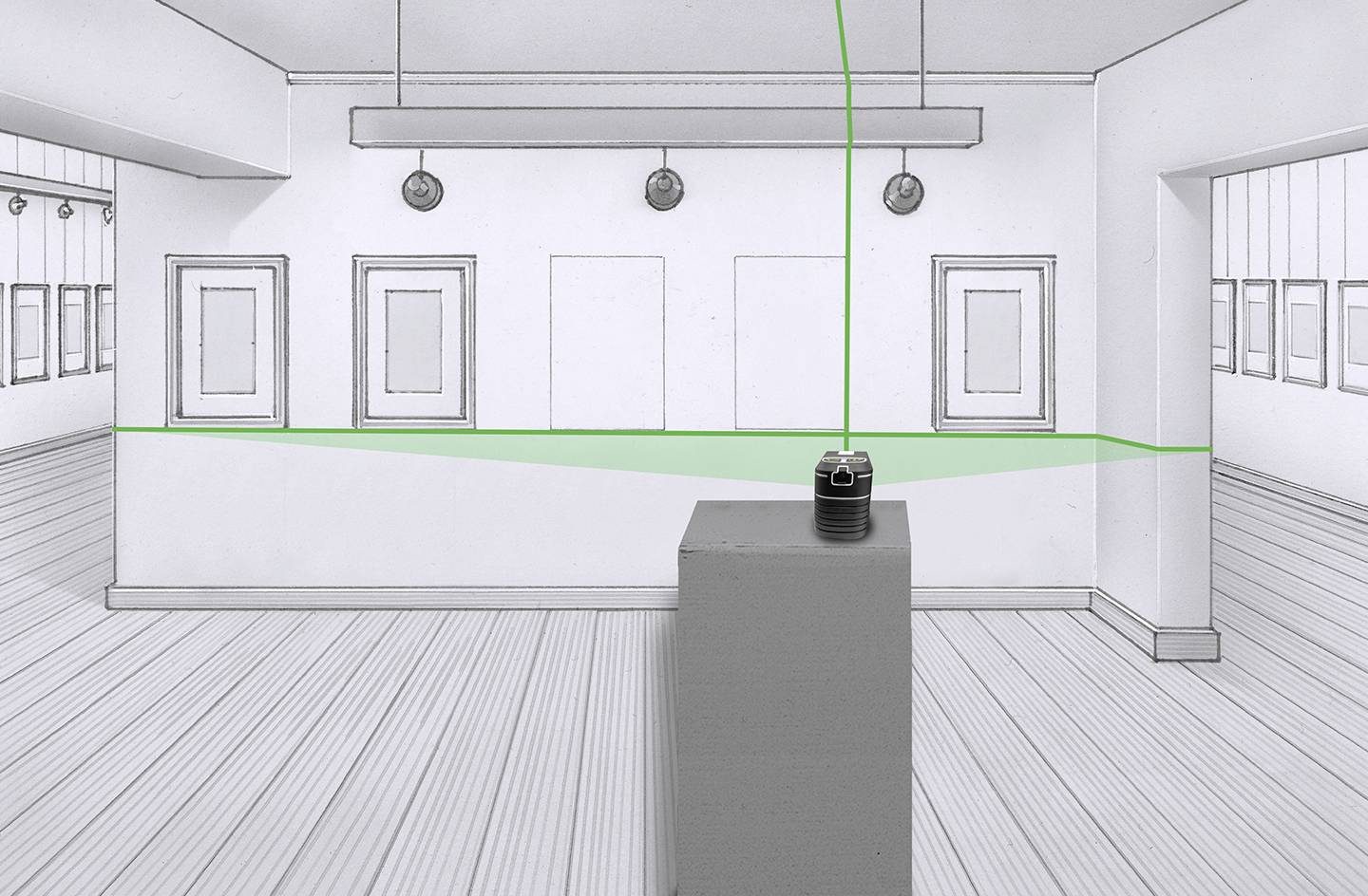 Un espace vide avec des esquisses sur les murs. Au centre, une boîte avec des lignes vertes qui traversent la pièce.
